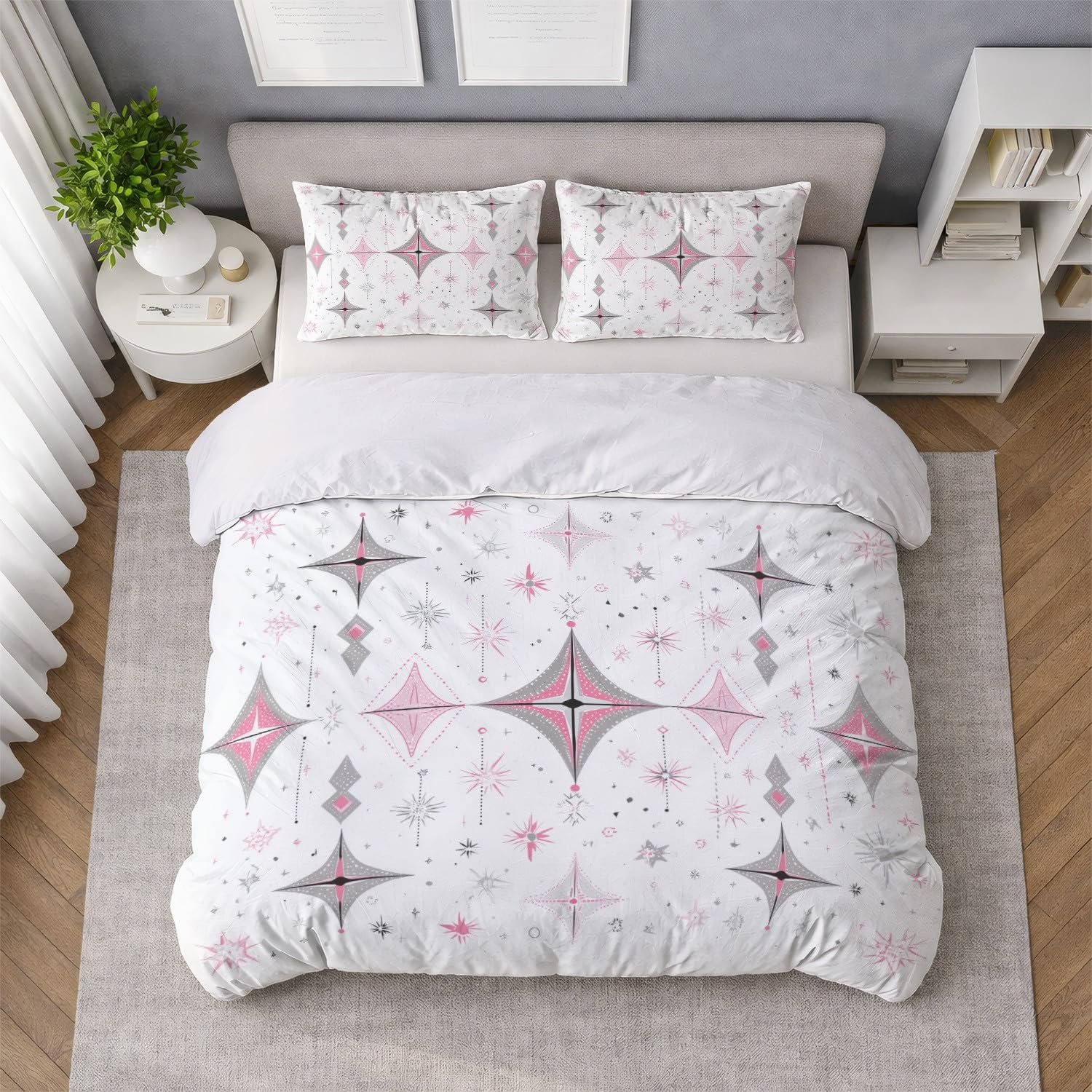 Generic Zestaw pościeli Super King 290 cm x 236 cm minimalistyczna świeża geometryczna atomowa gwiazda poszewka na kołdrę ultramiękka mikrofibra oddychająca poszewka na kołdrę z zapięciem na zamek