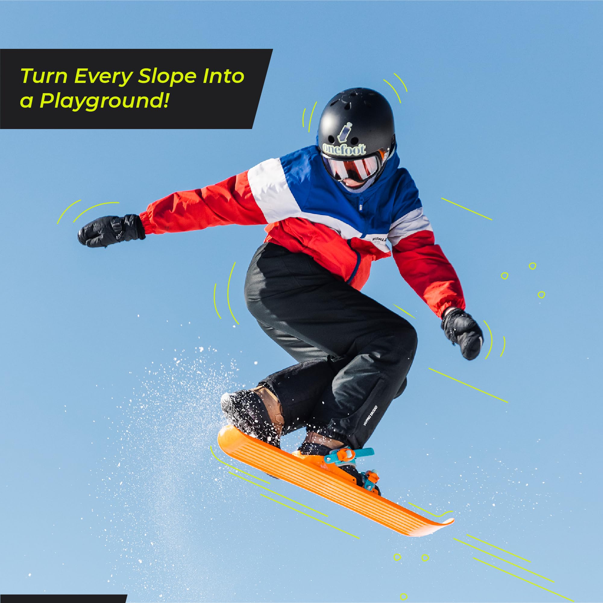 Onefoot Mini Ski - Kompakter Mini Ski (71,7 x 15,3 cm) mit verstellbaren Bindungen & Grip Spikes - Langlebiges kurzes Skiboard - Spaß für Tricks, Balance und Freesty-Skifahren