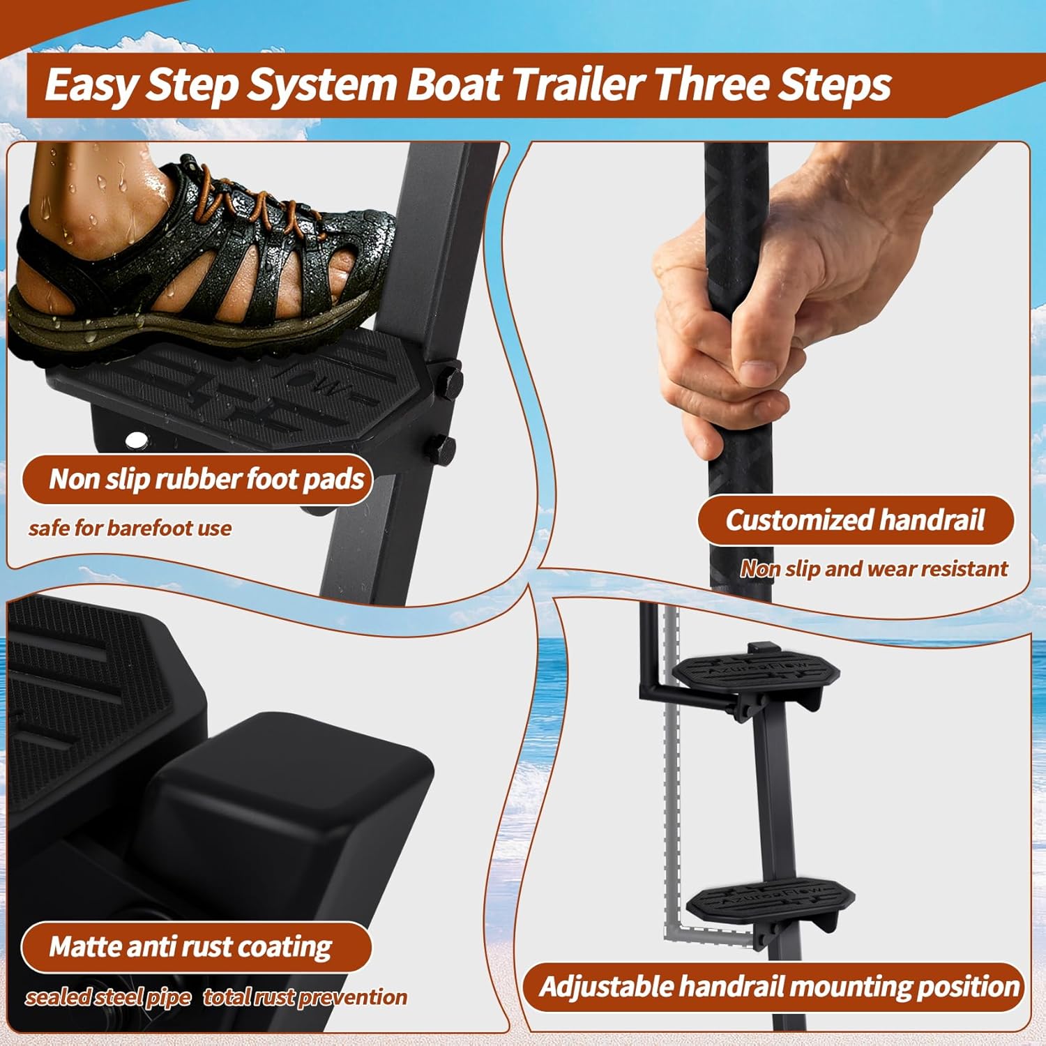 Boat Trailer Steps, Heavy Duty 3 Step Boat Steps for Trailer, Fit for Most Deep V Trailer Tongues 3-4" W x 5" H Tongues, with Handrail & Rubber Anti Slip Mat, 550lb