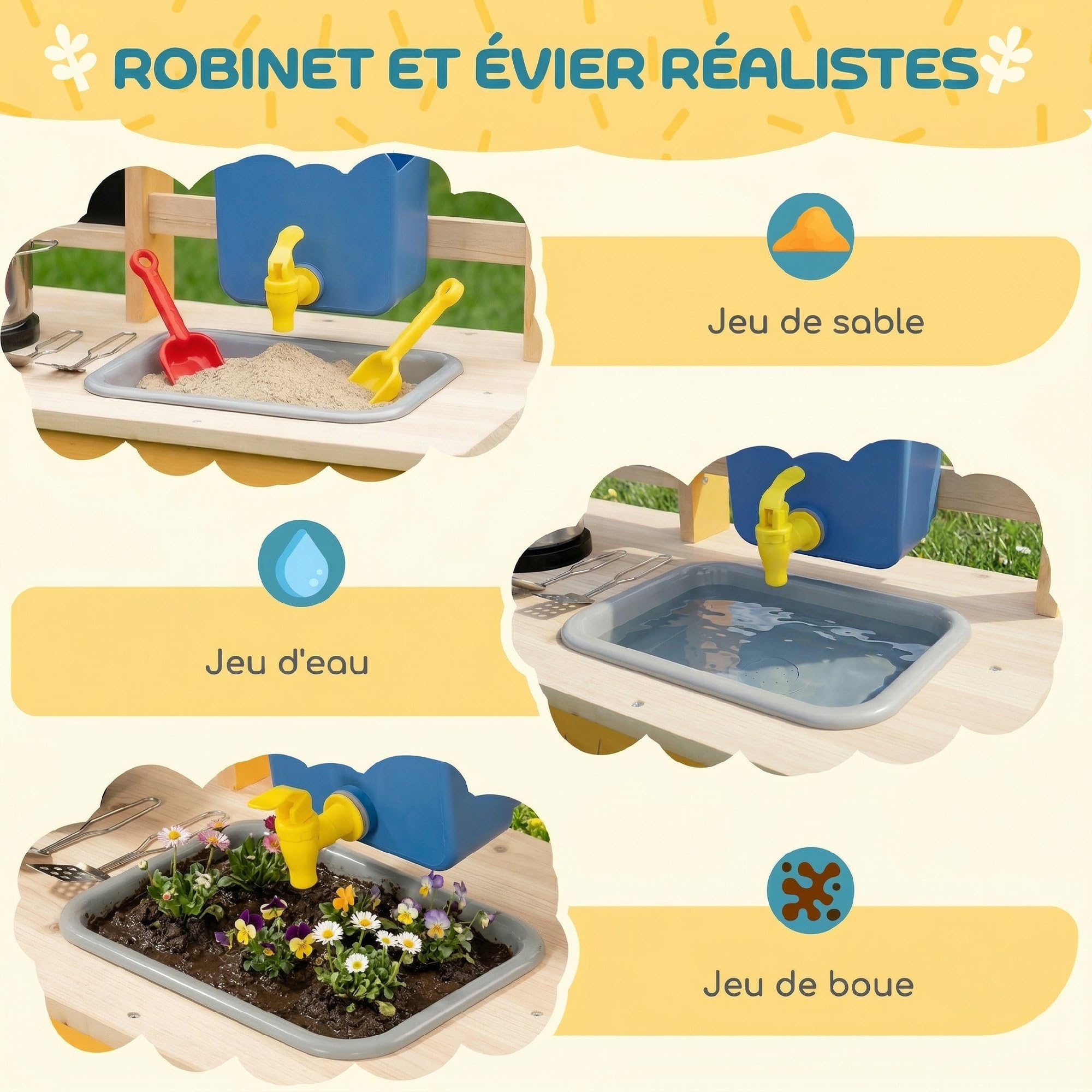 AIYAPLAY Cuisine Enfant en Bois avec roulettes, Cuisine Enfant Exterieur avec Eau Courante, Évier, Plaque de Cuisson, Étagère de Rangement, Pots de Plantation, Tableau, 15 Accessoires, Jaune