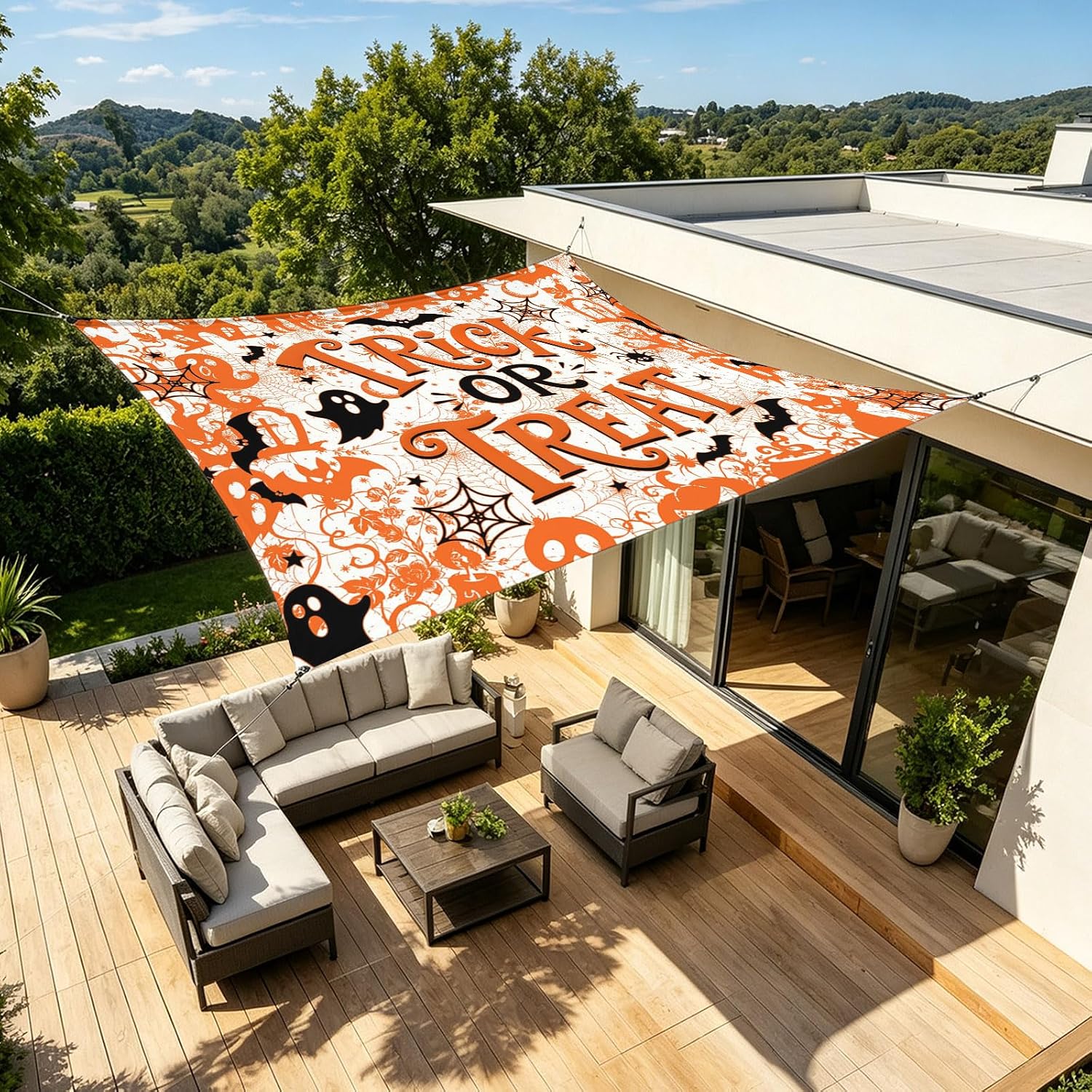 Halloween Sun Shade Sail 6.5'x10' Trick Or Treat Rectangle Sun Shade Sails Canopy Waterproof Bat Ghost Cat Pumpkin Outdoor Sunshades Sand UV Block Cover Shade for Patio Backyard Garden Deck Porch image 4