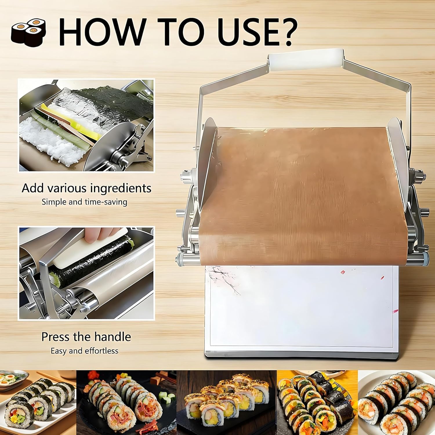 Máquina de enrollar sushi, rodillo manual de sushi de acero inoxidable, antiadherente y fácil de limpiar, máquina rápida de sushi para restaurantes y uso doméstico