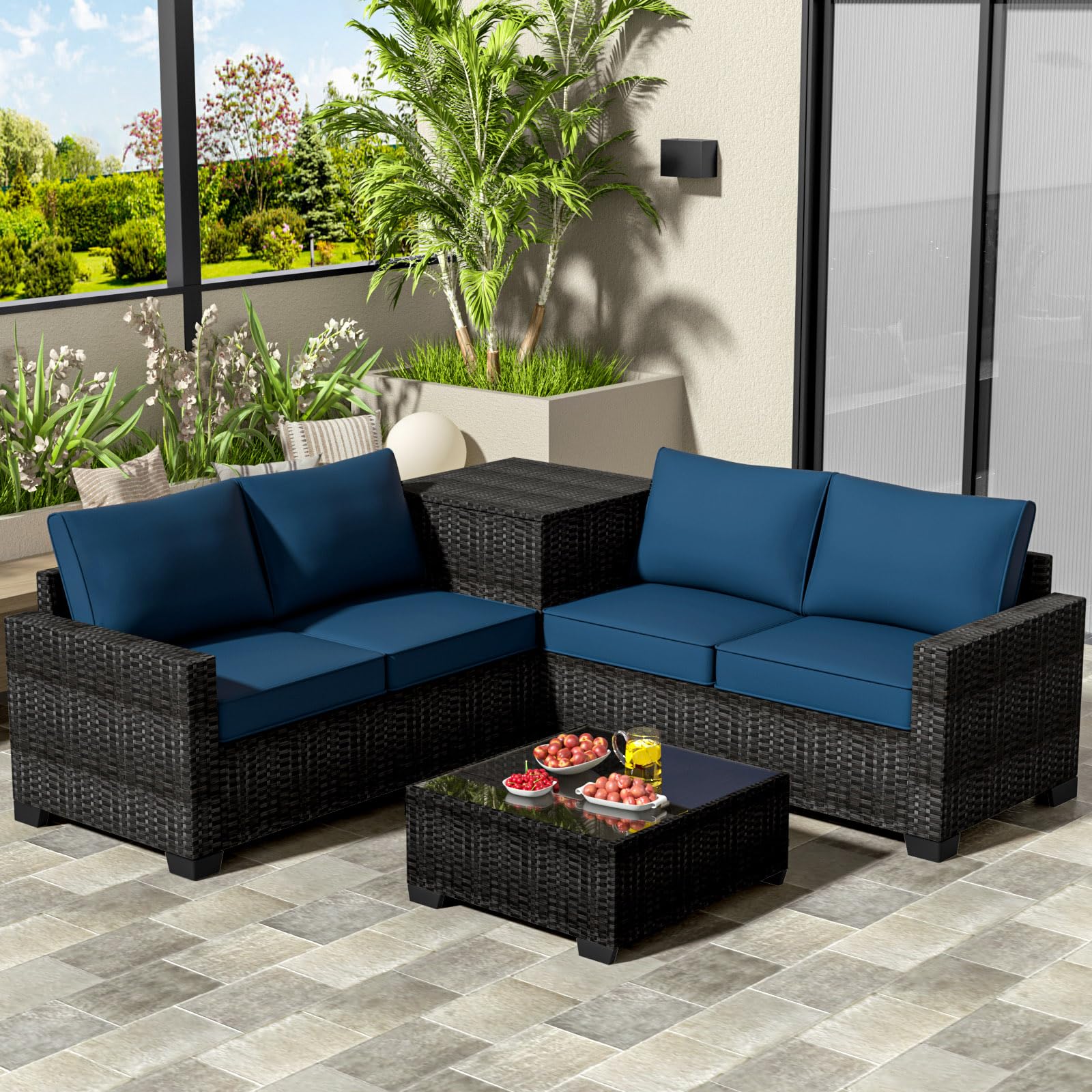4-Piece All-Weather Outdoor Patio Furniture with Hydraulic Lift Storage,  Heavy-Duty 350 lbs Capacity Patio Conversation Sofa Set, L-Shaped Wicker