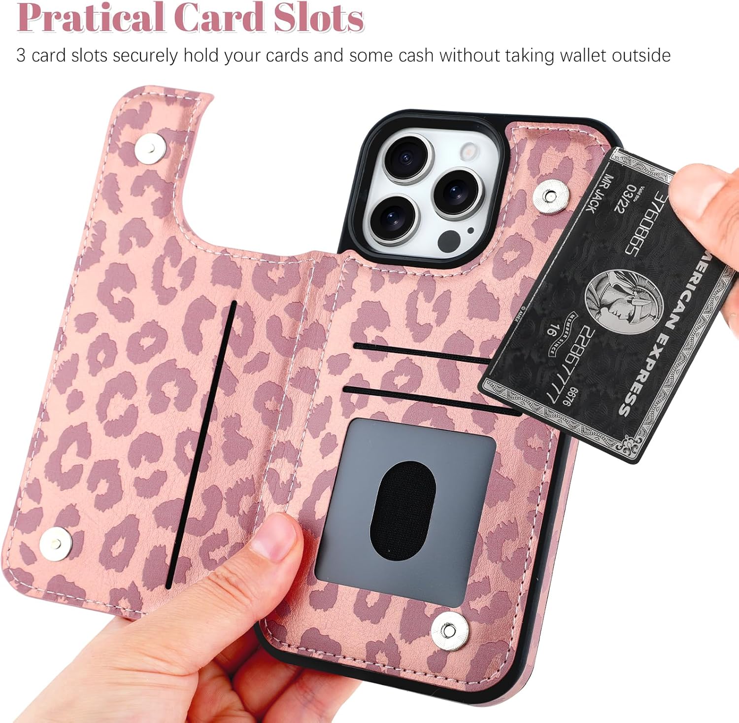 OOK for iPhone 14 Pro Case Wallet with Card Holder, Cute Pink Leopard Cheetah Pattern for Women Girls RFID Blocking 3 Card Slots Kickstand Flip Folio Leather Protective Shockproof Phone Case - Image 2