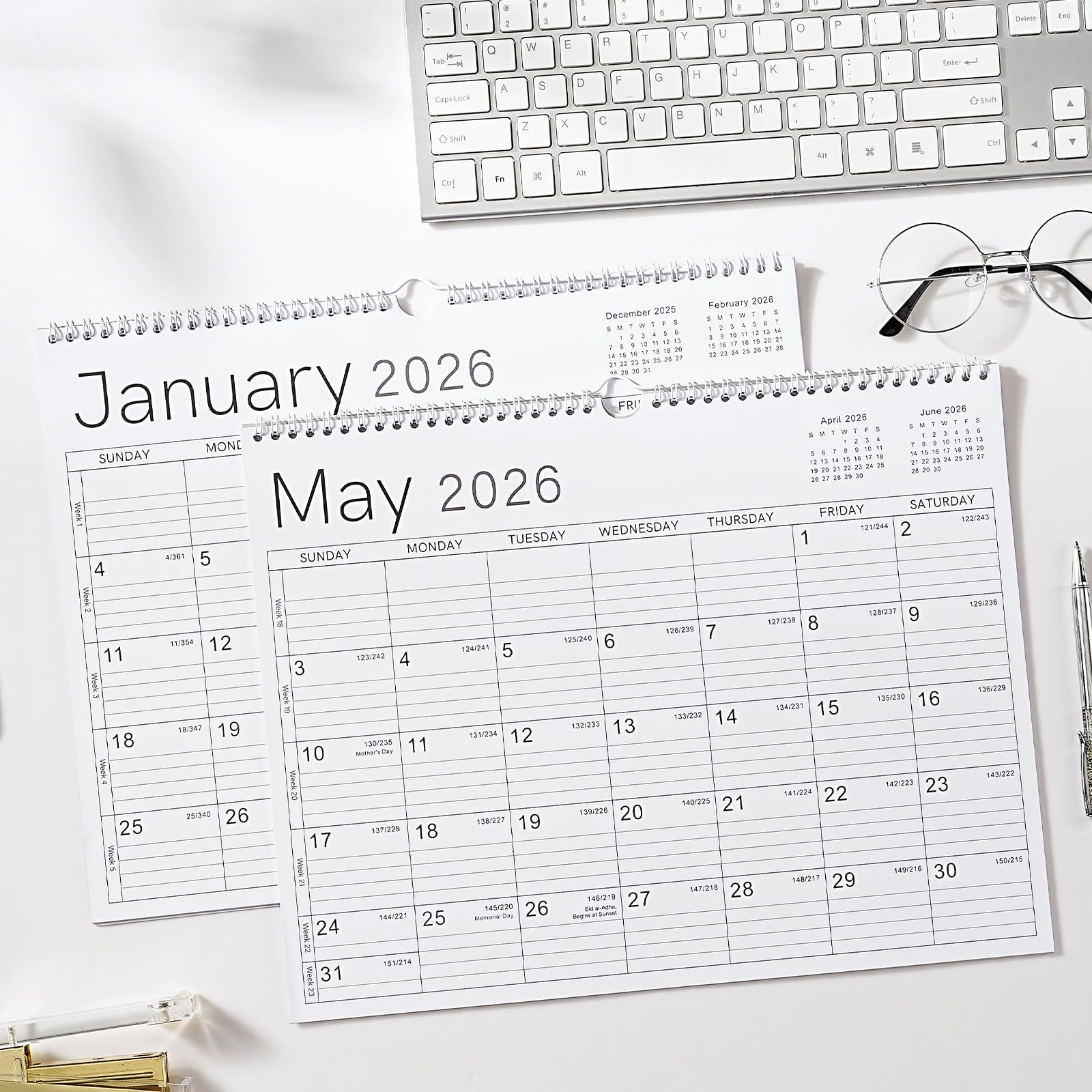 Wandkalender 2026 - Kalender 2026 von Jan. 2026 - Dez. 2026, 37,1 x 29,0 cm, 12 Monate Wandkalender 2026, dickes Papier, Doppeldrahtbindung, schlichtes Design