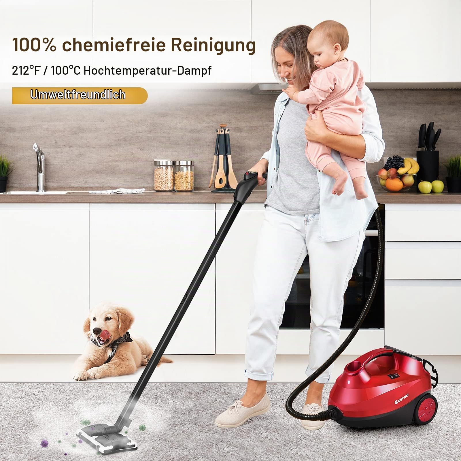 RELAX4LIFE Dampfreiniger 2000W, Dampfdruck: 4 bar, Tank: 1,5 L, Dampfzeit: bis 45 Min., bis 108°C, Dampfsauger mit LED-Licht & Überhitzungsschutz, inkl. 19 Zubehör, für Böden, Teppiche, Sofa (Rot)
