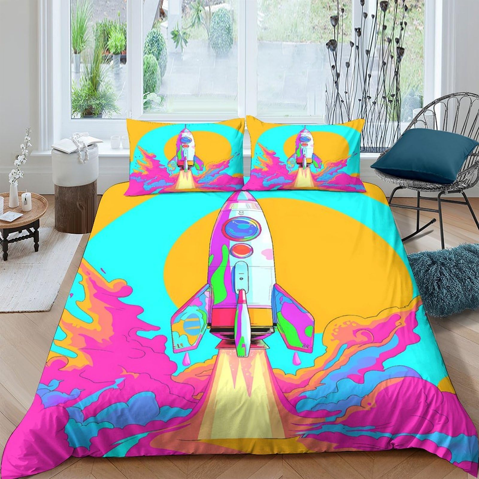 Ctjqhvkz Style-9 3D Printed Rocket Space Fitted Sheet Microfiber Colourful Bed Cover For Bedroom Dorm Mattress Protection Decor Single（135X200cm）