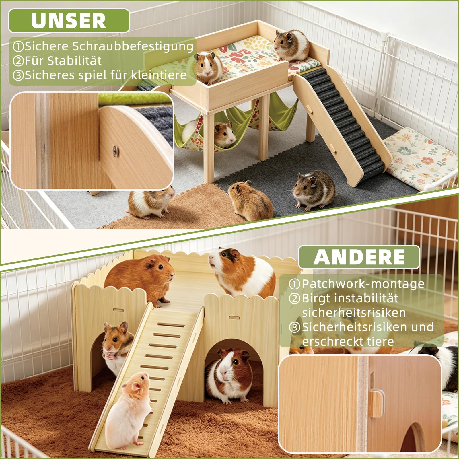 Meerschweinchen Haus aus Holz, Meerschweinchen Versteck mit Hängematte und Rampe, Kleine Haustiere Spielzeug Zubehoer, Versteck für Zwerg Hamster Rennmäuse Degus Stachelmäuse Kaninchen