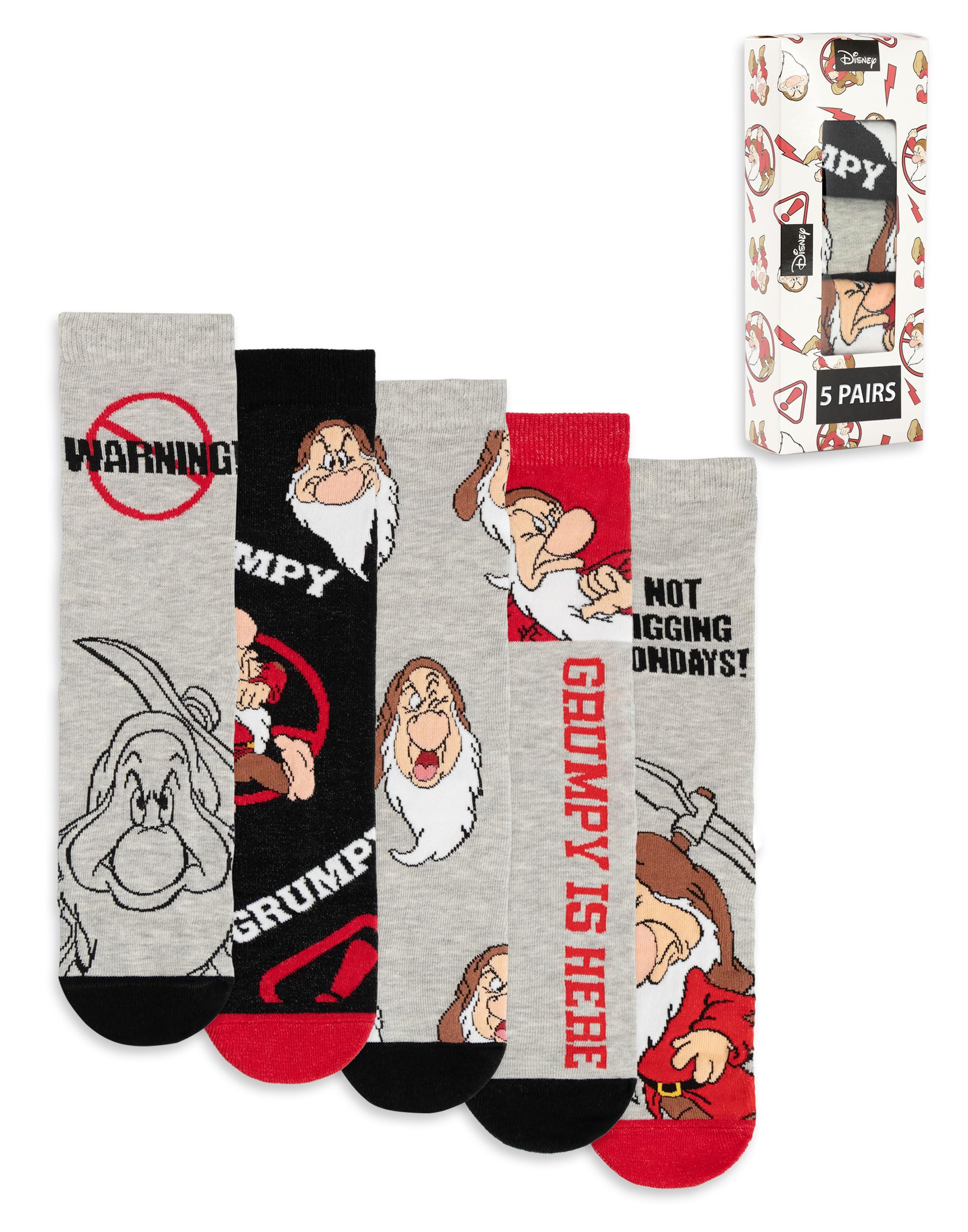 Vanilla Underground Men's Grey/Black/Red Disney Multicolou Grumpy Calf Socks Set Of 5 - 7-11 Uk