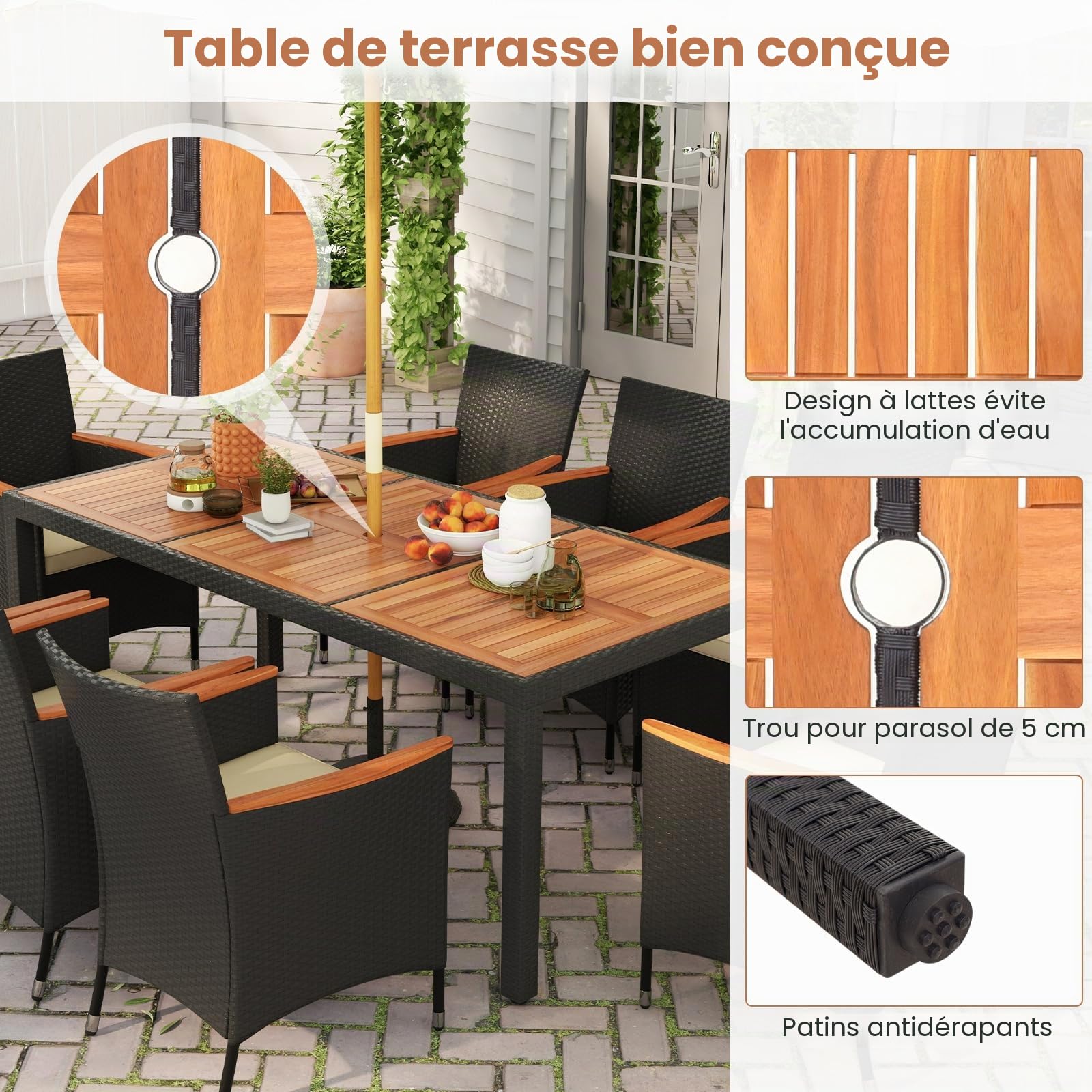GIANTEX Salon de Jardin 8 Personnes en Rotin et Bois d'Acacia, Table de Jardin Extérieure avec 8 Chaises, Coussins, Trou de Parasol, Pieds Réglables, pour Cour, Pique-Nique, Noir