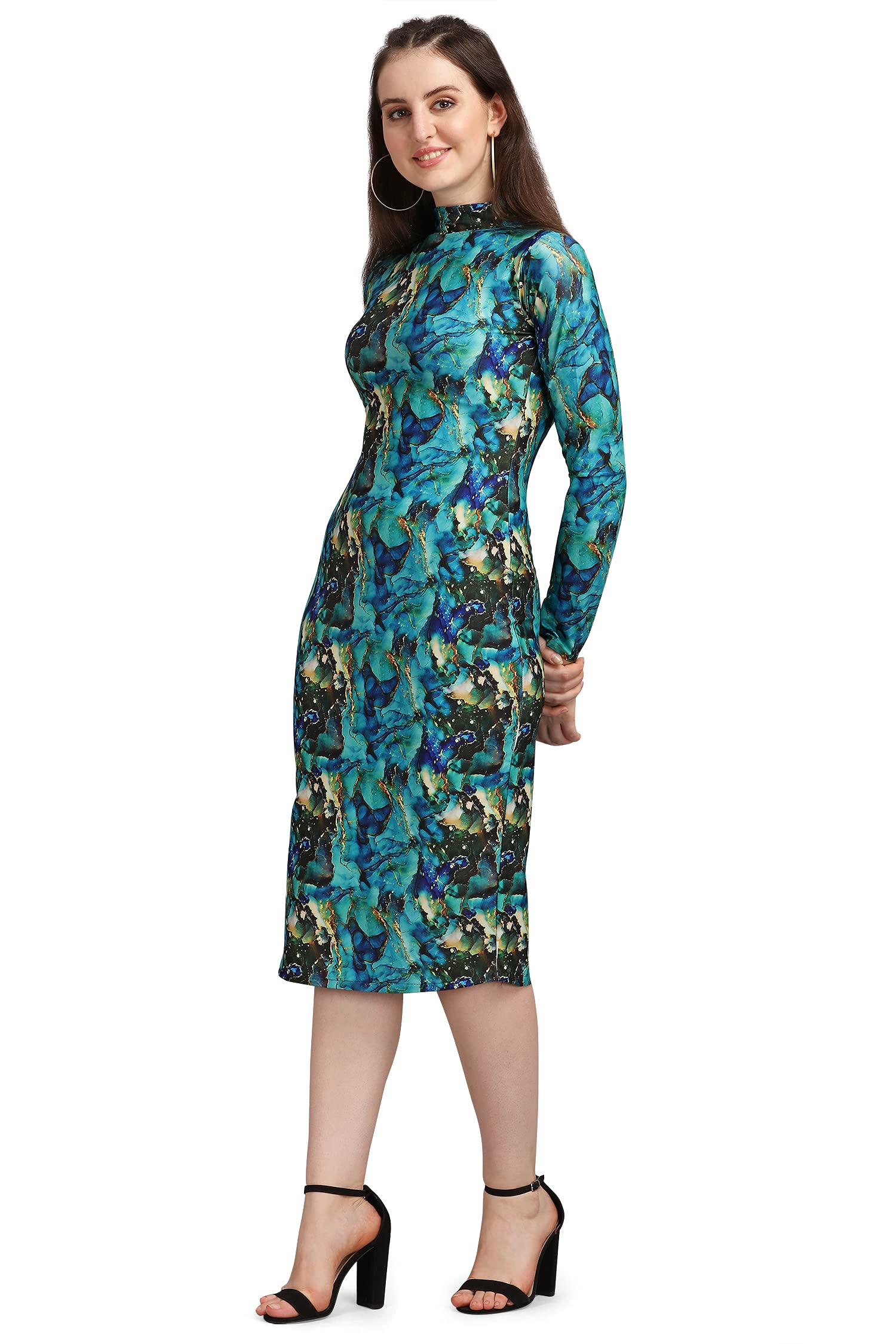 Purvaja Women's Polyester Blend Bodycon Knee Length Cocktail Dress (Siri-Turtle-Rama-M