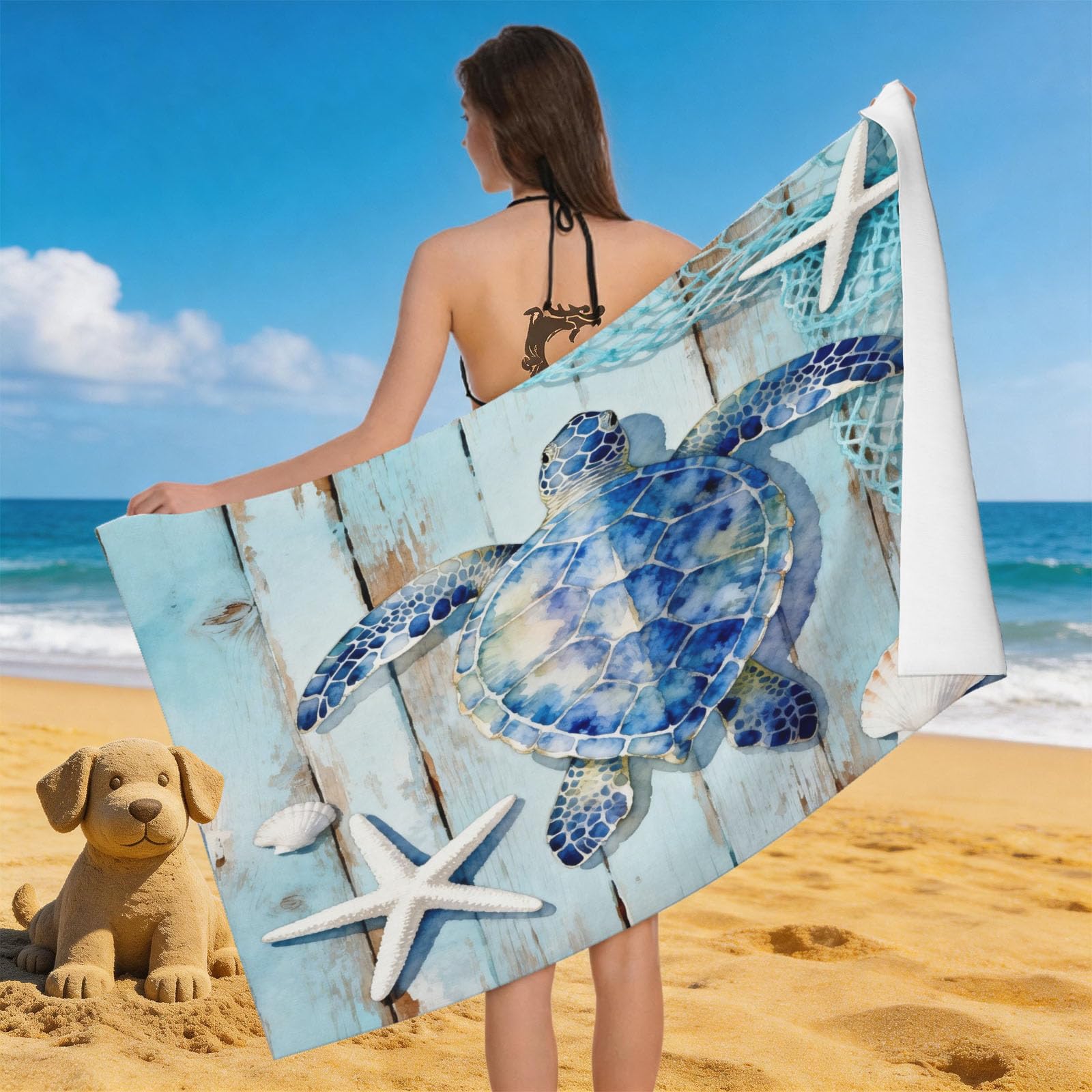 Leichong 3D Sea Turtle Illustration Beach Towel Extra Large Microfiber Soft Quick Dry for Adults, Ocean Sea Pattern Bath Towel Lightweight Soft Absorbent for Travel Swimming Pool Sports, 100 x 200 cm