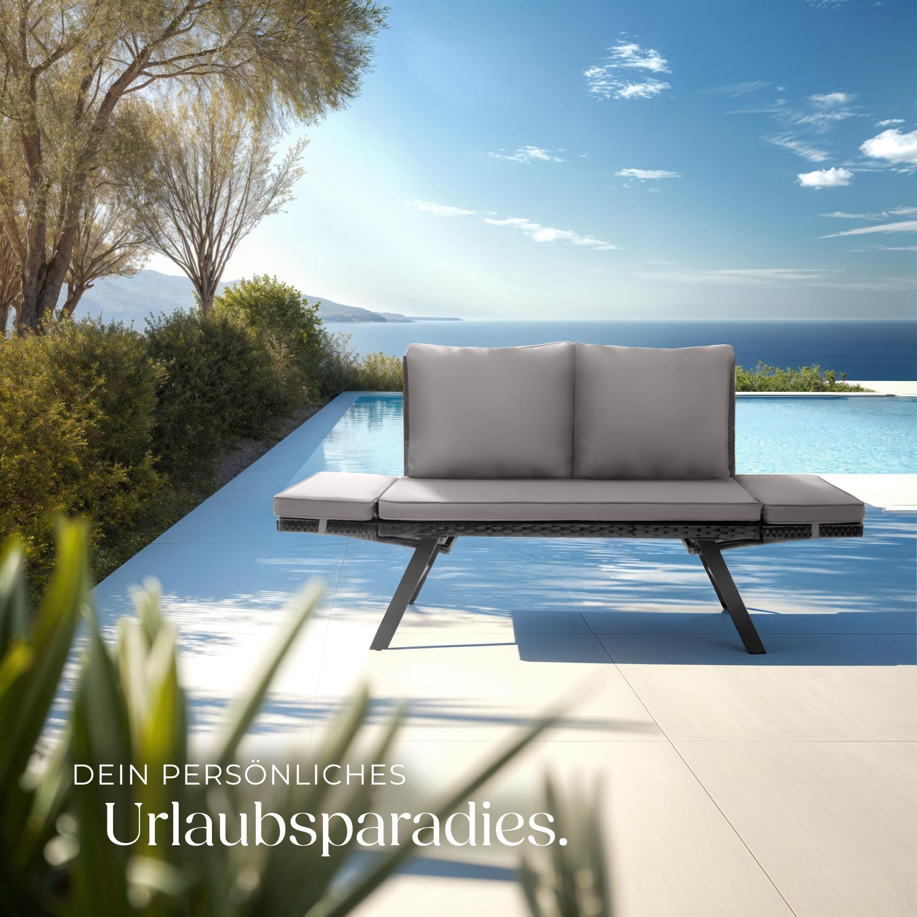 tectake® Rattan Loungesofa und Sonnenliege, Gartenmöbel, Lounge Möbel Outdoor, Sitzbank Schlaffunktion, Couch klappbarer Armlehne, Balkonmöbel, Gartenbank, Sofa, Balkon Möbel - hellgrau/schwarz