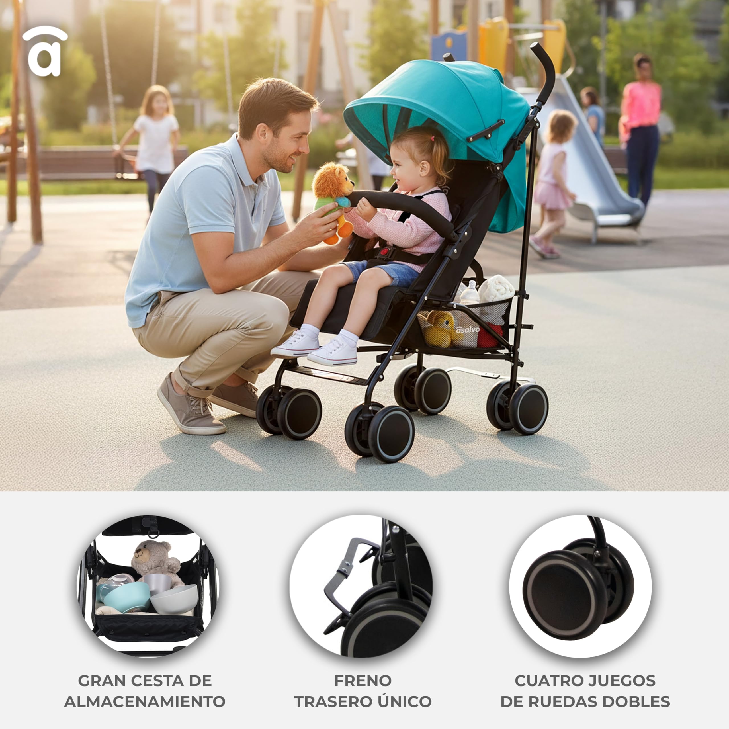 Asalvo TOKYO Silla de Paseo Ultraligera para bebé, Carrito de paseo con Respaldo Reclinable, Cochecito urbano, Arnés 5 Puntos, SPF50+, Capota con Ventana, Manejable, Máxima Seguridad, Hasta 16kg, Gris
