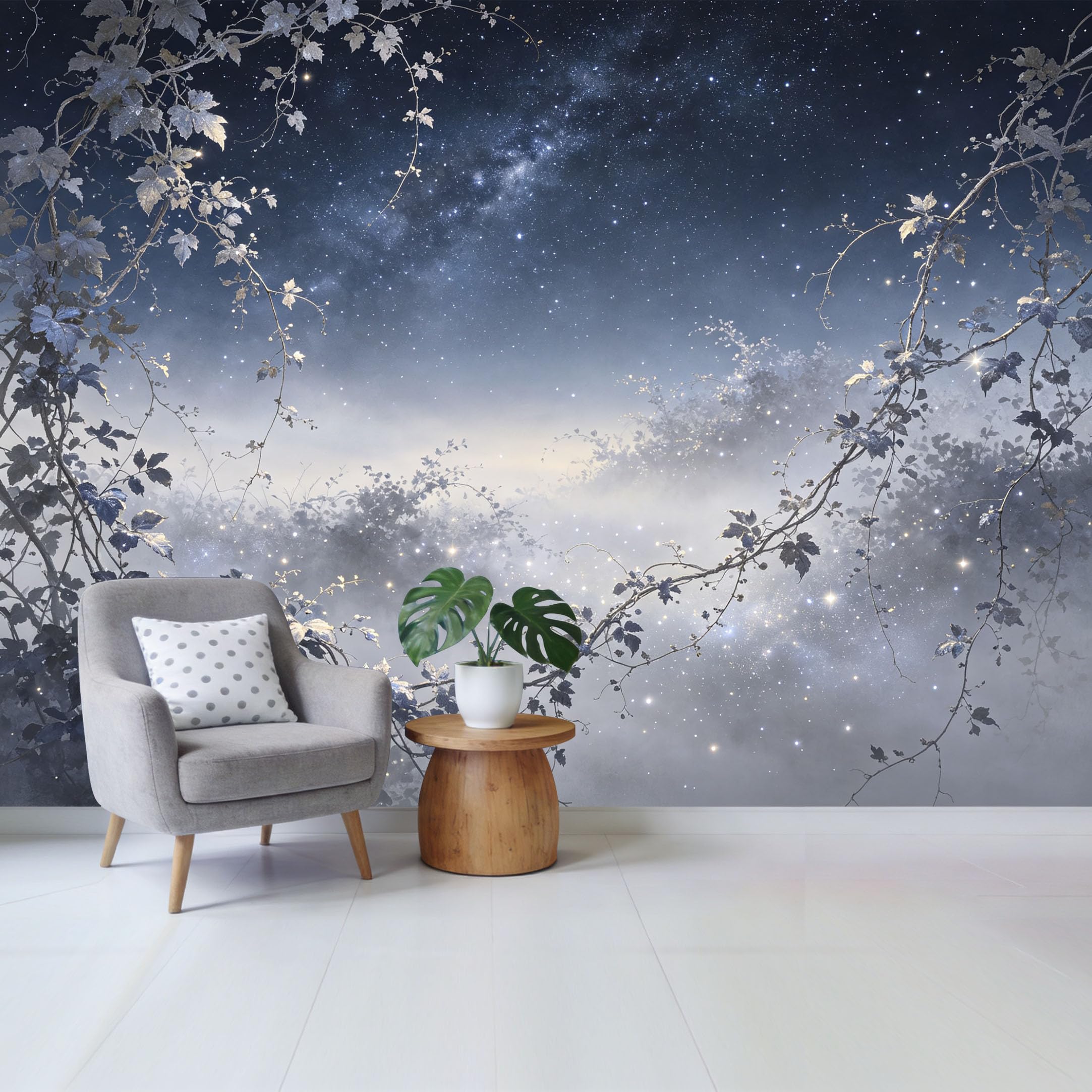 Qzlithotic Yq2605250475 Custom Size Wall Mural Starry Night Galaxy Over Misty Vines Botanical Modern Abstract Landscape Selfadhesive Wall Fabric Removable Wallpaper For Home Office Decor