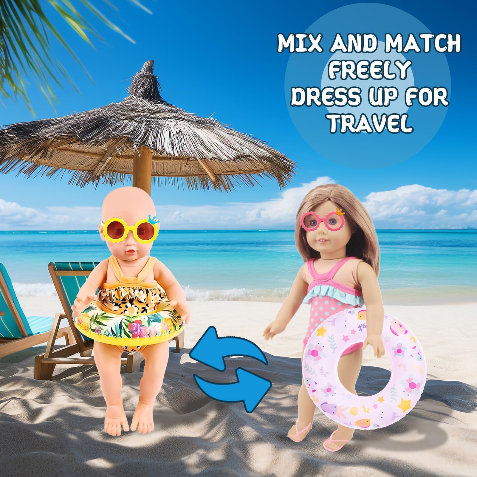 Set di Nuoto per Bambole 7 Pezzi,Estate Costume da Bagno per Bambole,Costume da Bagno per Bambole,Vestiti Bambole Reborn,Accessori per Bambole Reborn 35-45CM,Regalo per Ragazze