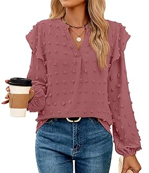 ZESICA Womens Ruffle Long Sleeve Chiffon Blouses V Neck