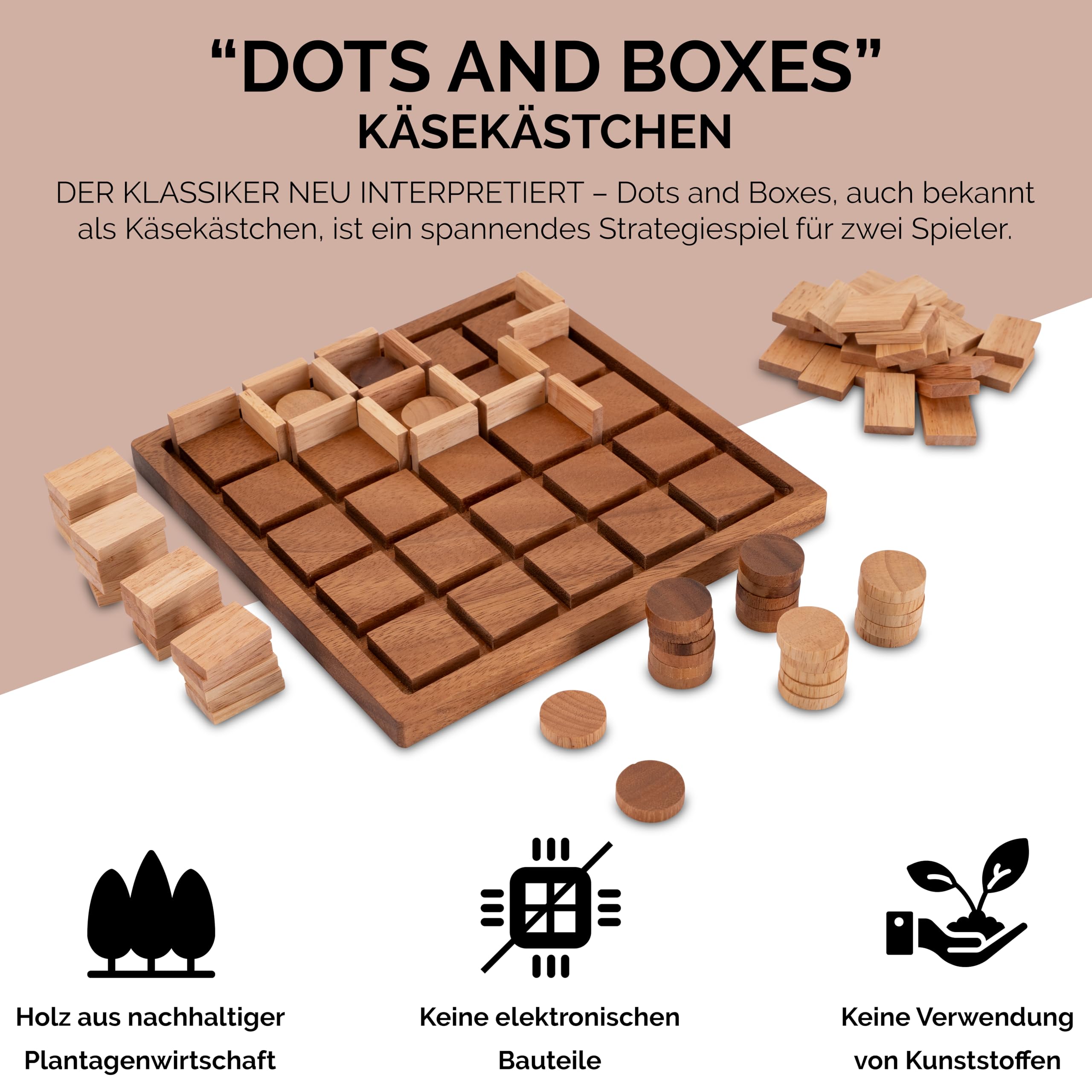 LOGOPLAY Dots and Boxes - pudełko na sery - dla 2 graczy - pole do gry 22 x 22 cm - gra strategiczna z drewna