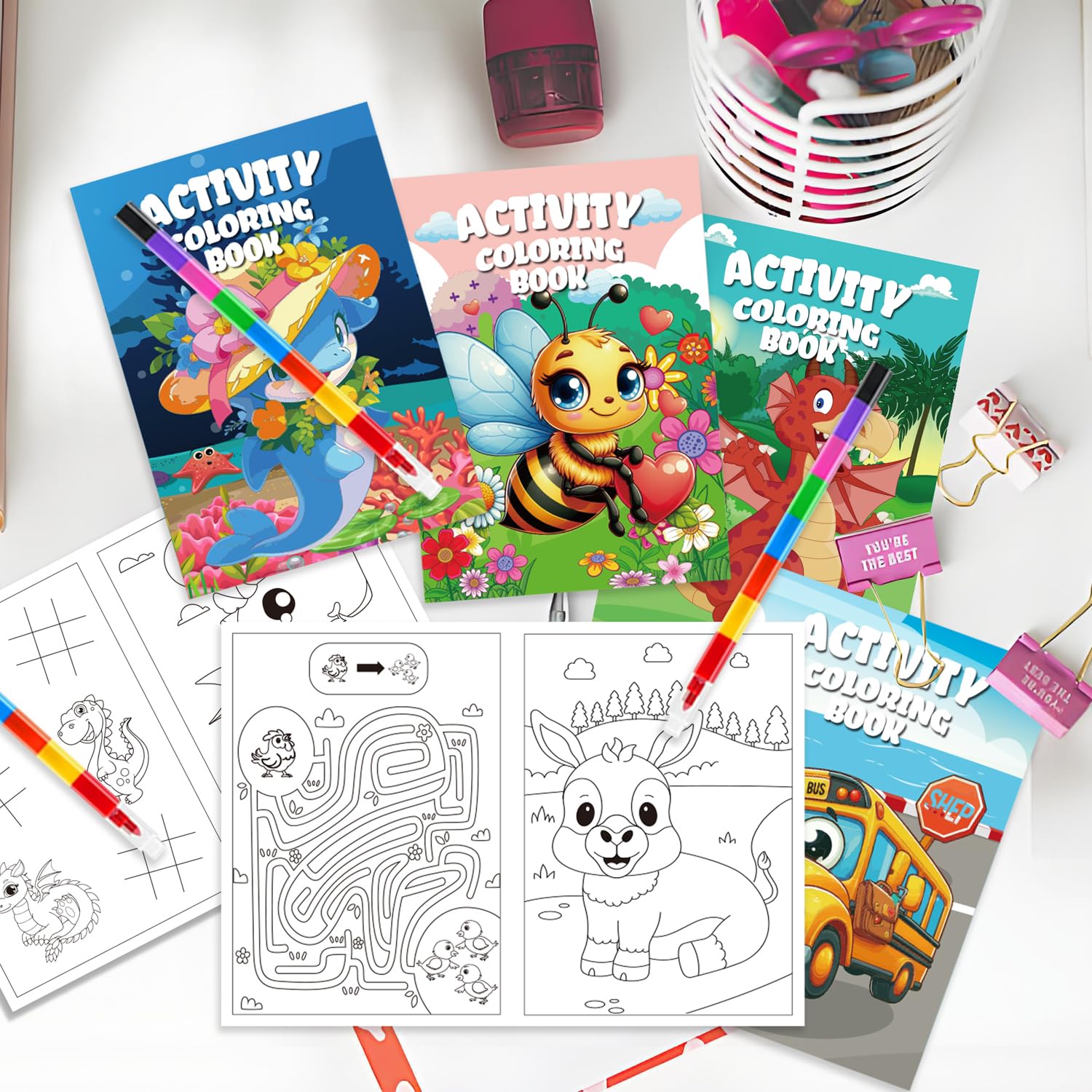 24 Mini Libri da Colorare Gadget Compleanno Bambini,Set Libricini da Colorare e Pastelli a Cera Impilabili (8 colori in 1),Adatto per Regalini Fine Festa Compleanno Bambini (Color-24)