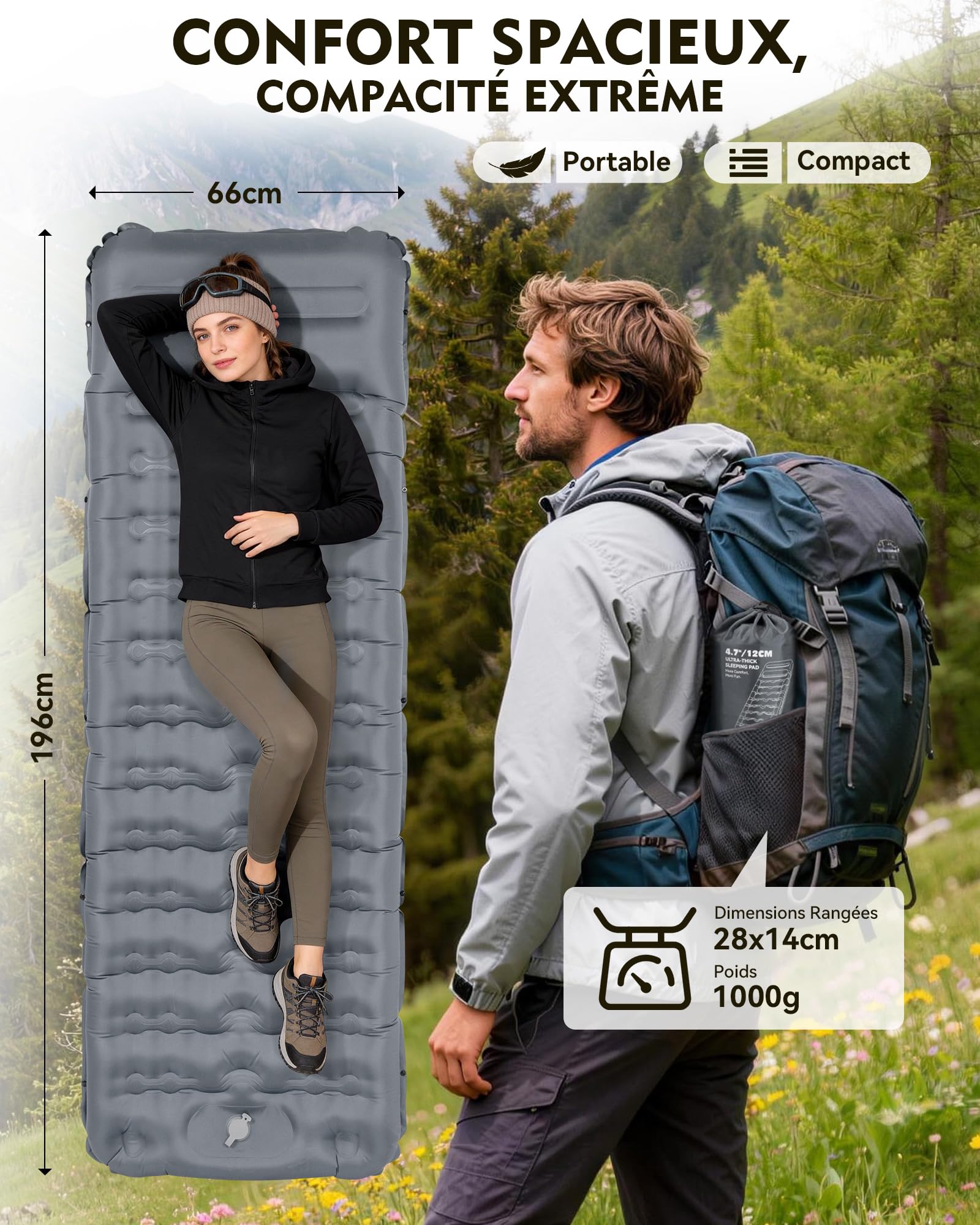 Matelas Camping Autogonflant 1 Personne 12 cm HIKENTURE avec Oreiller Intégré et Pompe à Pied - Gris