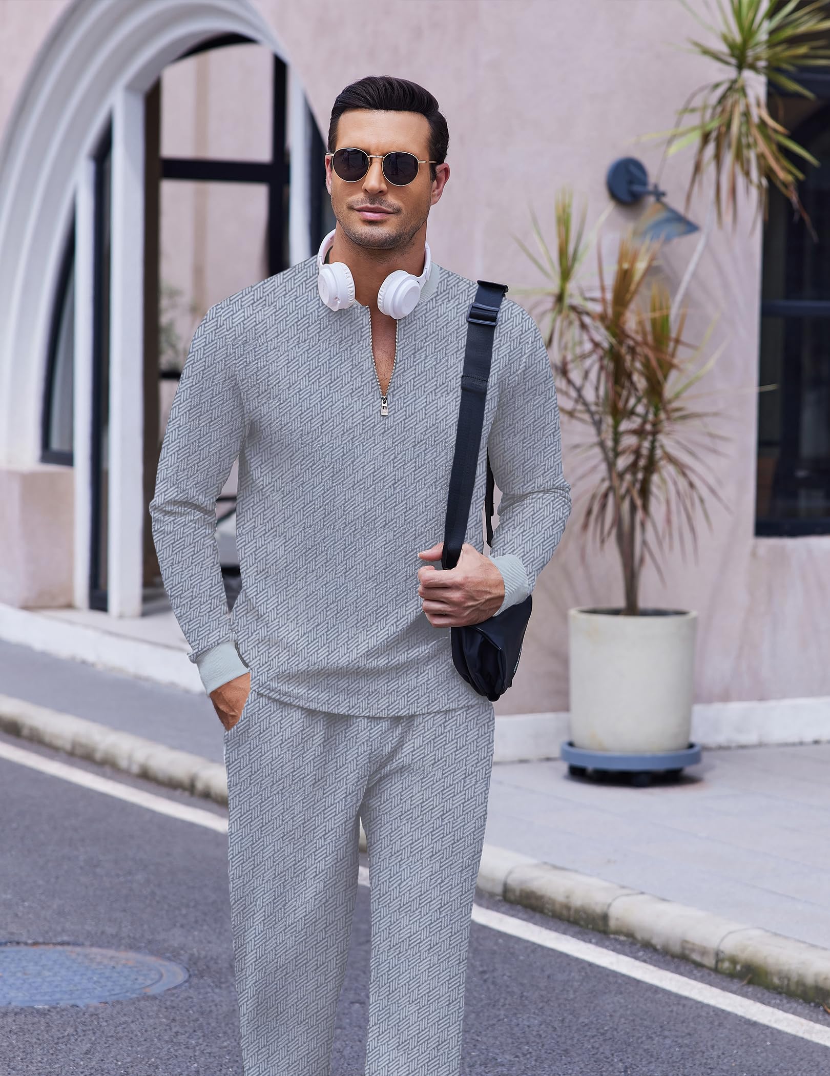 COOFANDY Tuta sportiva da uomo, 2 pezzi, con zip a quarto e maniche lunghe, abbigliamento sportivo casual
