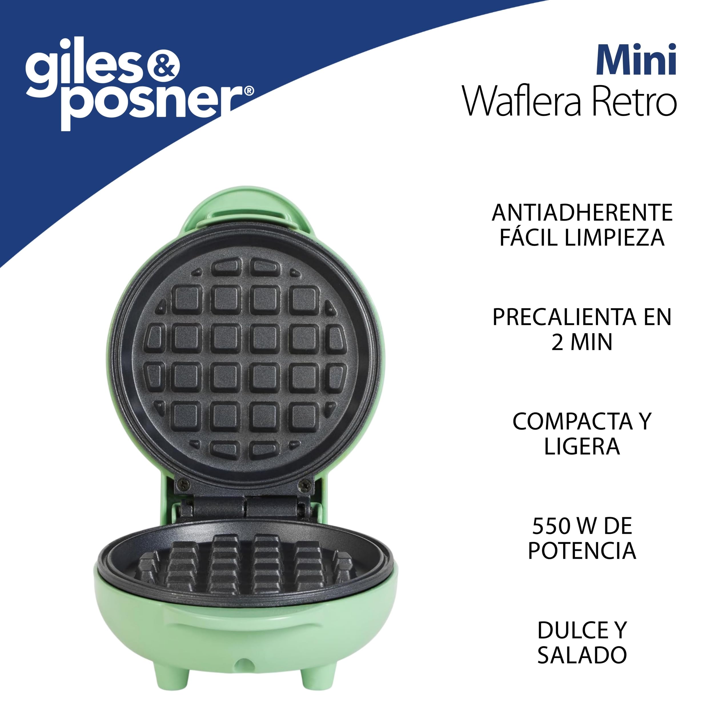 Giles & Posner Mini Waffle Maker – Máquina de Gofres Antiadherente, Para Gofres al estilo Belga y Americano, Snacks Dulces/Salados Postres, Compacto, Plato de Cocción Redondo de 11.5 cm, Verde Pastel