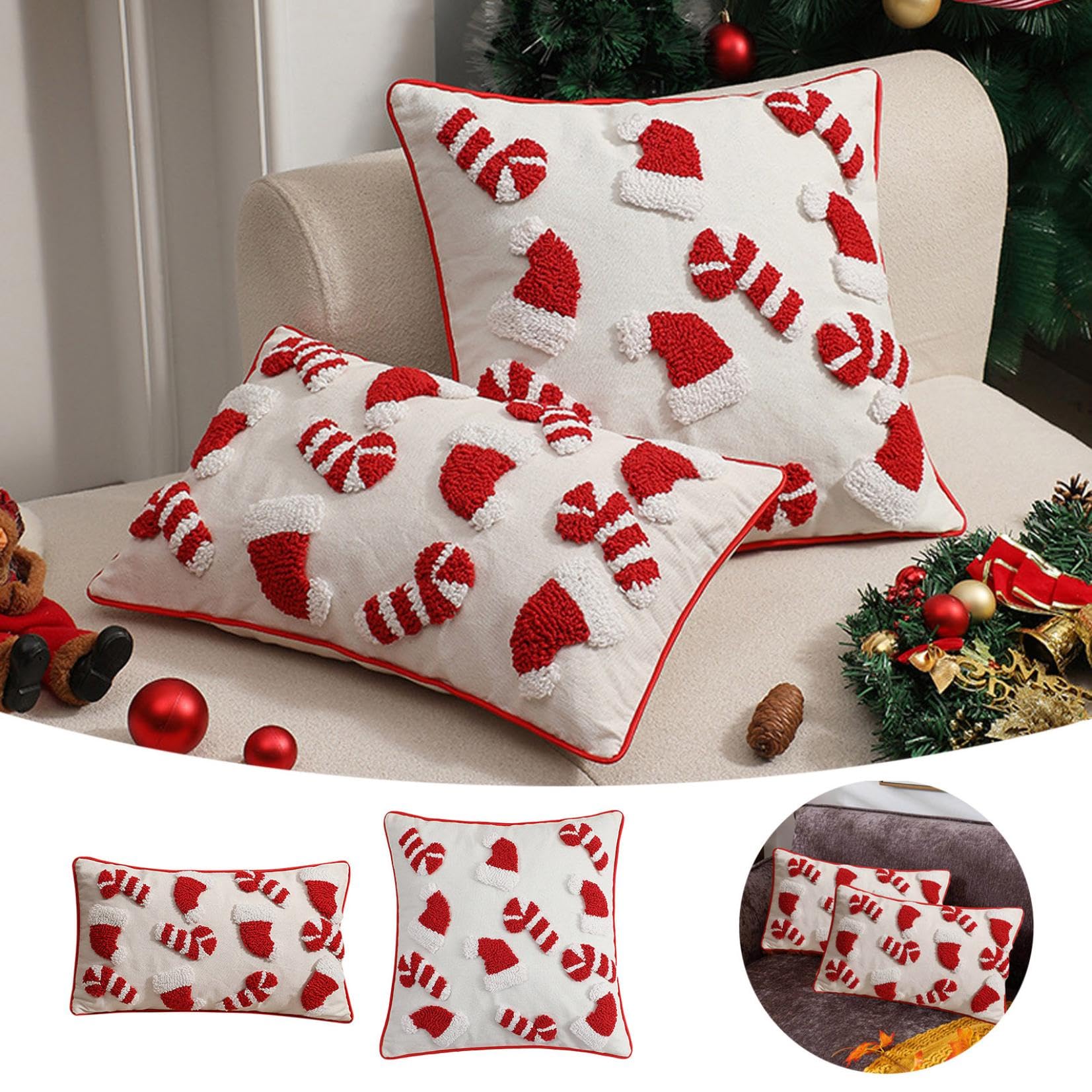 Housses De Coussin De Noël 2024 - Motif Canne à Sucre D'orge
