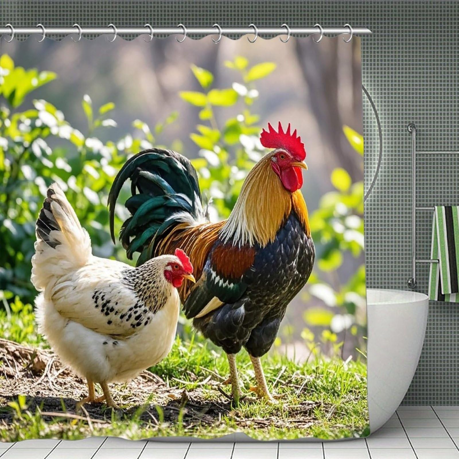 FekiLoot Rooster and Hen Shower Curtain with Hooks Modern Farmhouse Bathroom Curtain Waterproof Cloth Bath Curtains Cute Washable Blackout Privacy Curtains for Bathroom Bathtub 70.8"x70.8"