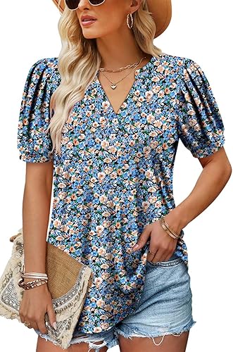 ROSELINLIN Womens Short Sleeve Shirts Loose Summer Floral Tunic Tops