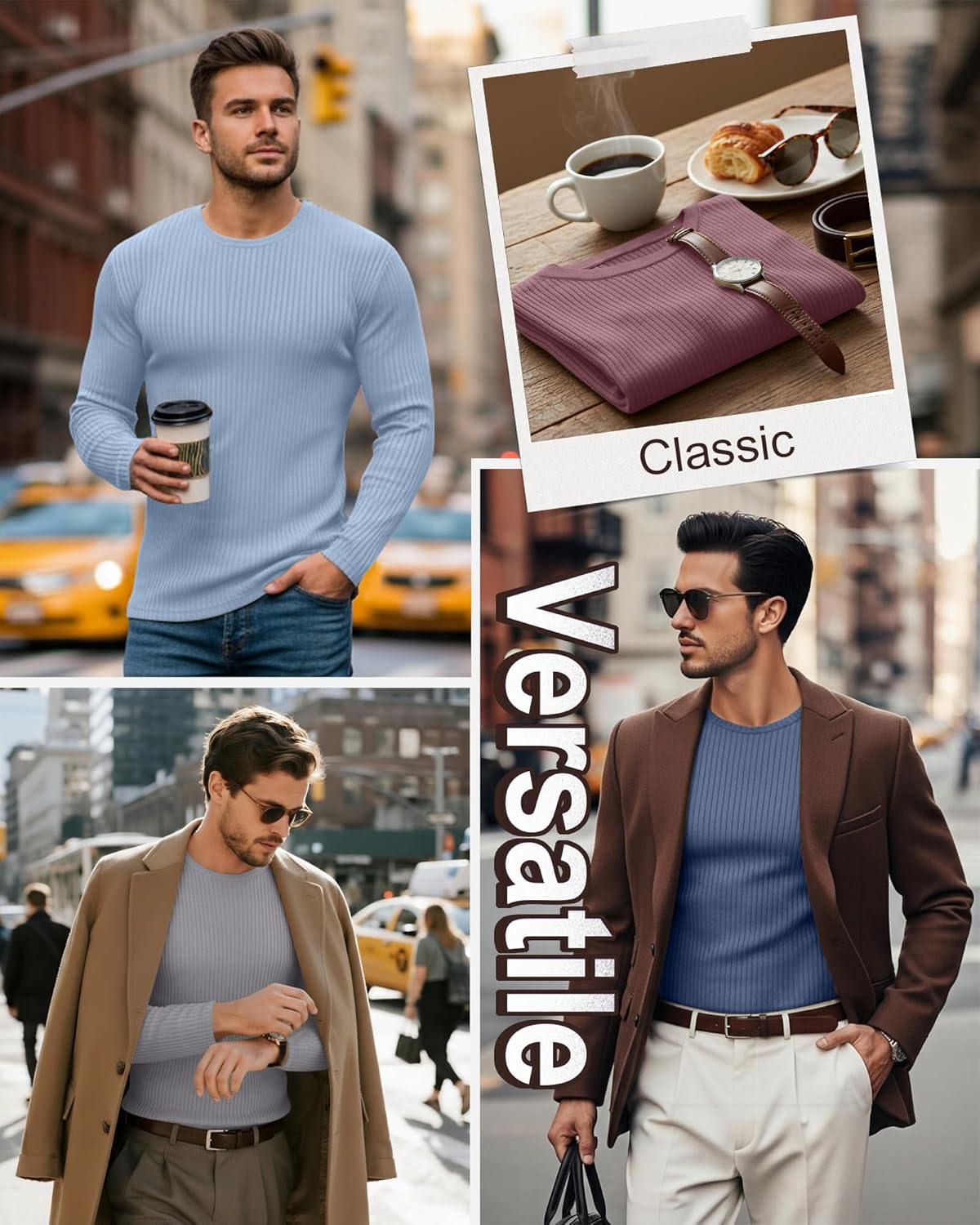5 Pack Men's Cotton Thermal Shirts Long Sleeve Ribbed Tops Crew Neck Slim Fit Sweater Casual Pullover Undershirts - Image 2