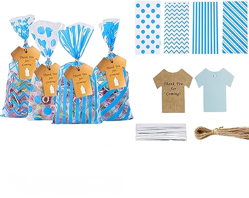 AHOPGIF Juego de 100 bolsas de celofán para baby shower con etiqueta de regalo, bolsa de dulces para revelación de género, bolsa de plástico para