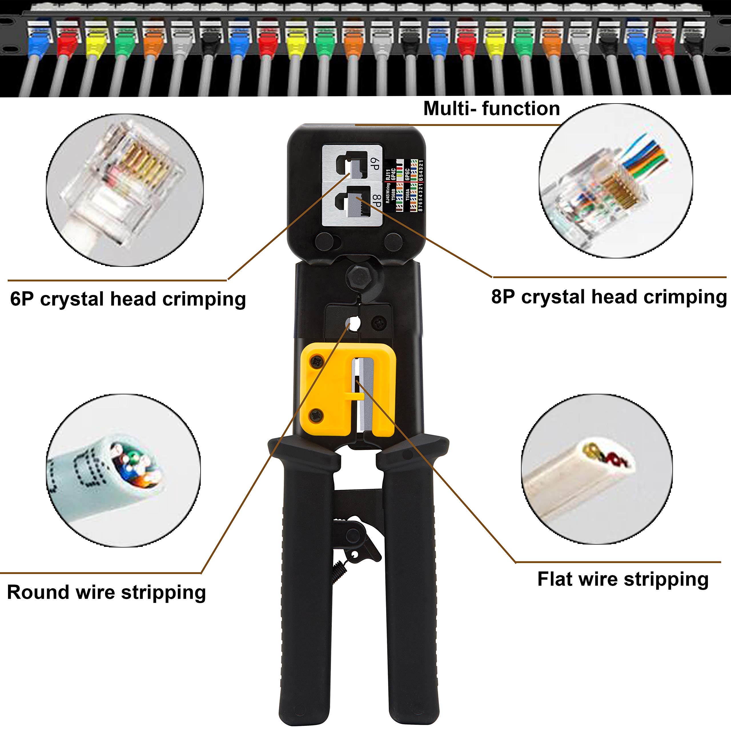TAIWAIN RJ45 Crimpatrice CAT5 Kit di strumenti di crimpatura Cat6 Cable Tester, RJ12/RJ11 Rete Ethernet Manutenzione Crimp Stripper LAN Repair Cutter Set per fai da te (nero)