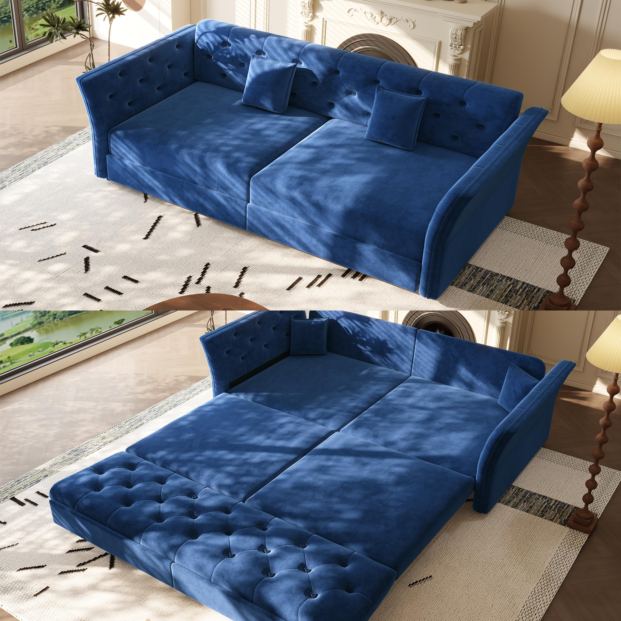 74.4'' Sleeper Sofa Bed Queen Size, Flower Tufting Pull Out Couch, Velvet Chesterfield Futon Couches, Comfy Convertible Sofa, Modern Loveseat, 2 Pillows for Living Room, Apartment, Blue