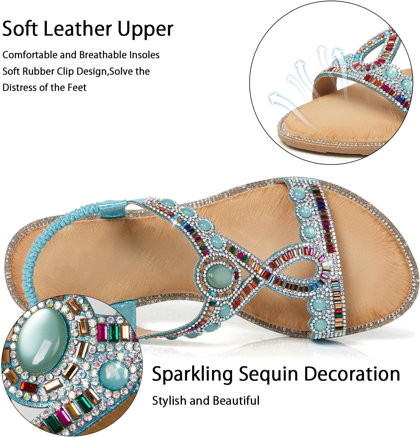 iCKER Women Rhinestone Sandals T-Strap Buckle Bohemian Pearl Crystal Flat Sandals - Image 2
