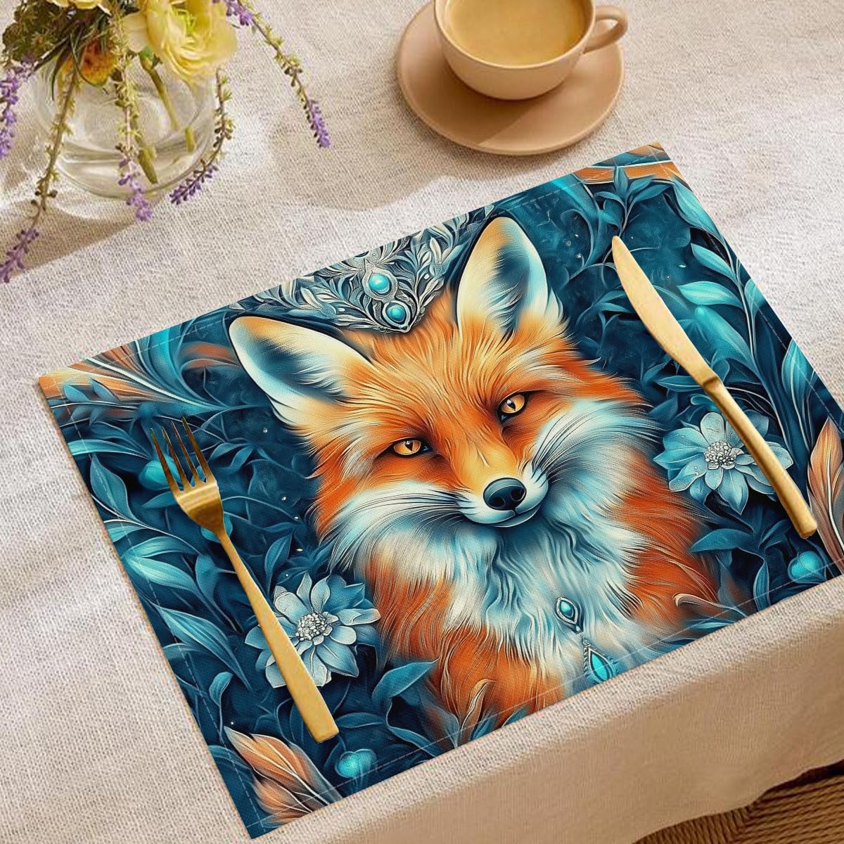 Set di 8 Colazione Stoffa 30x45cm, Volpe Gialla Cotone e lino Tovagliette Americane Lavabili, Tovagliette Animali Carini per Primavera Vacanze Cucina Feste, Pasqua