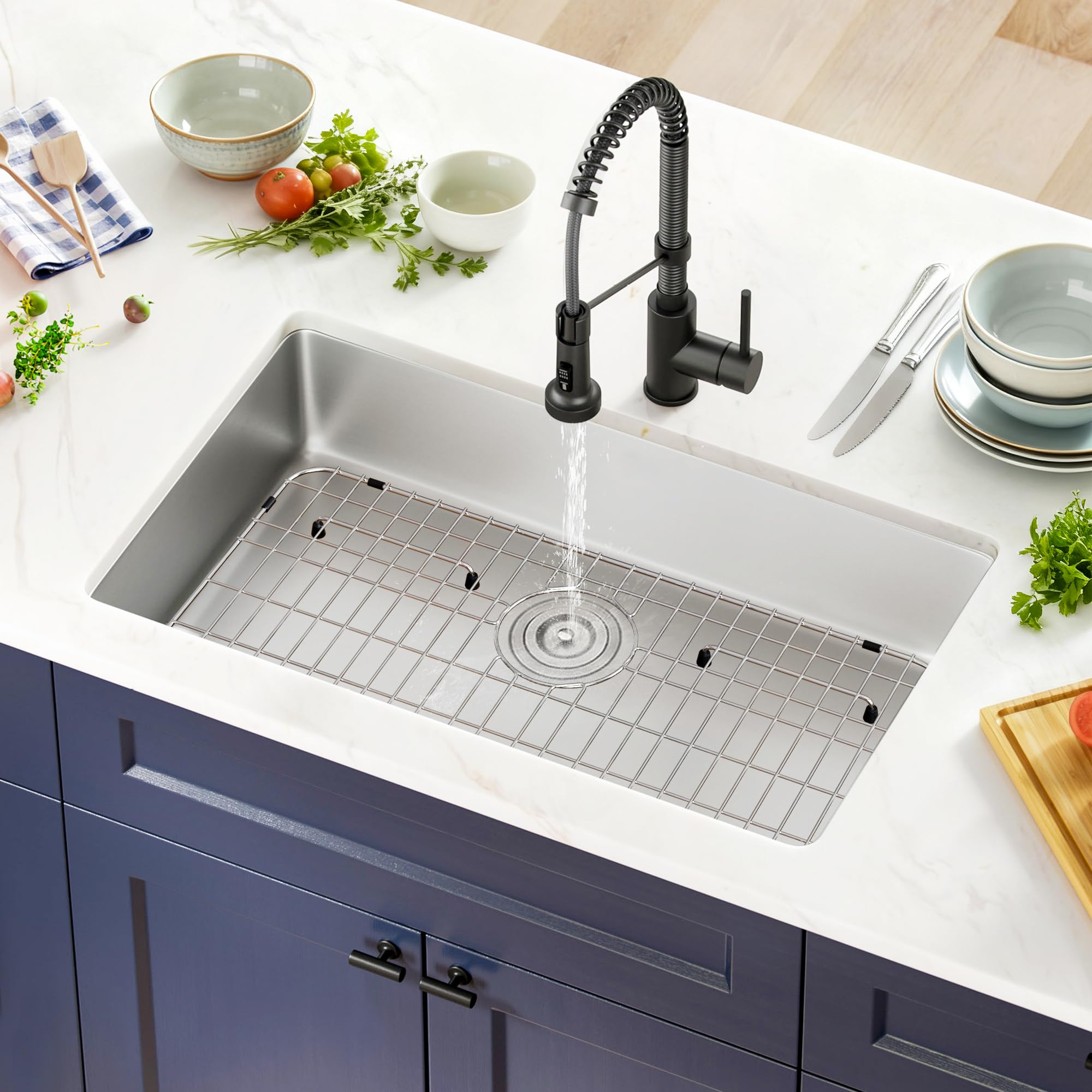 Griglia per lavello da 45,7 x 32,5 cm, protezioni per lavello da cucina in acciaio inox, per scarico centrato inferiore, accessori per lavelli a vasca singola, include 16 cuscinetti in gomma e 20