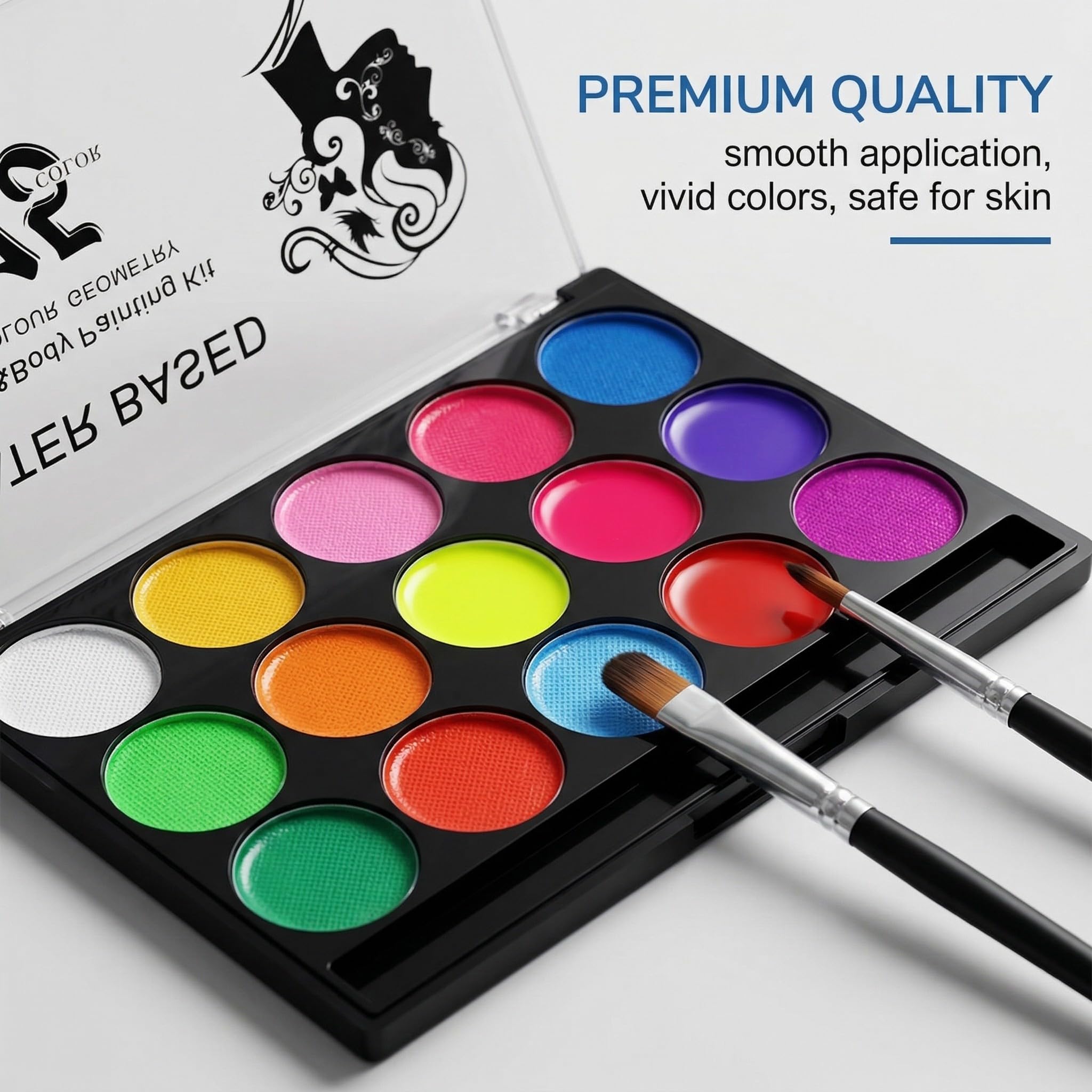 Set de Maquillage pour Enfants, 15 Couleurs, Palette Enfant Body Painting et Carnaval Visage, avec 2 Pinceaux Maquillages, pour Halloween, Noël, Carnaval, Soirées à Thème, Fête d'anniversaire