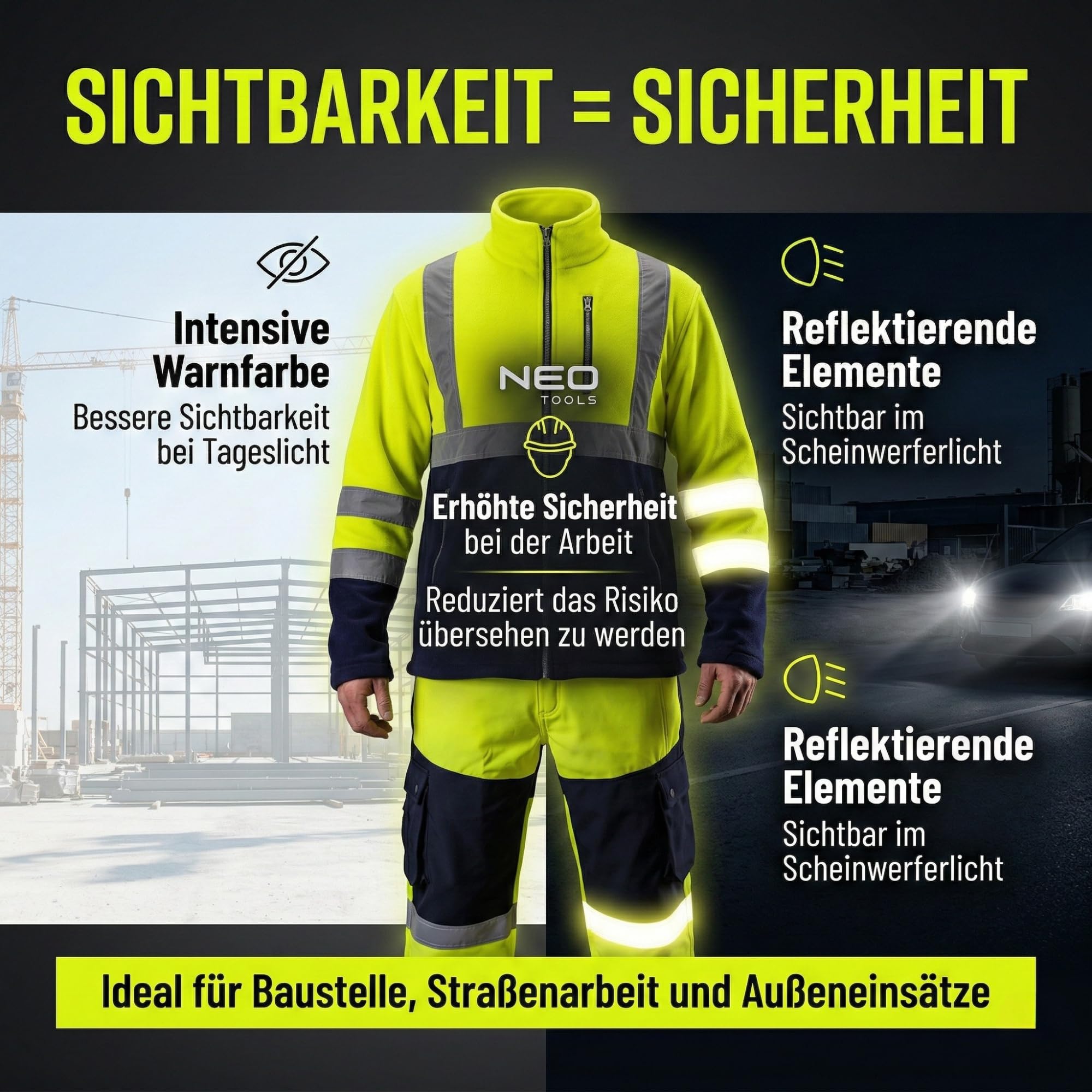 NEO TOOLS Herren Set Warnschutz-Arbeitshose + Arbeits Fleece Jacke | Hose wasserfest (Wassersäule 8000 mm) Hose aus Softshell mit Fleece-Innenfutter, Gelb, S-2XL