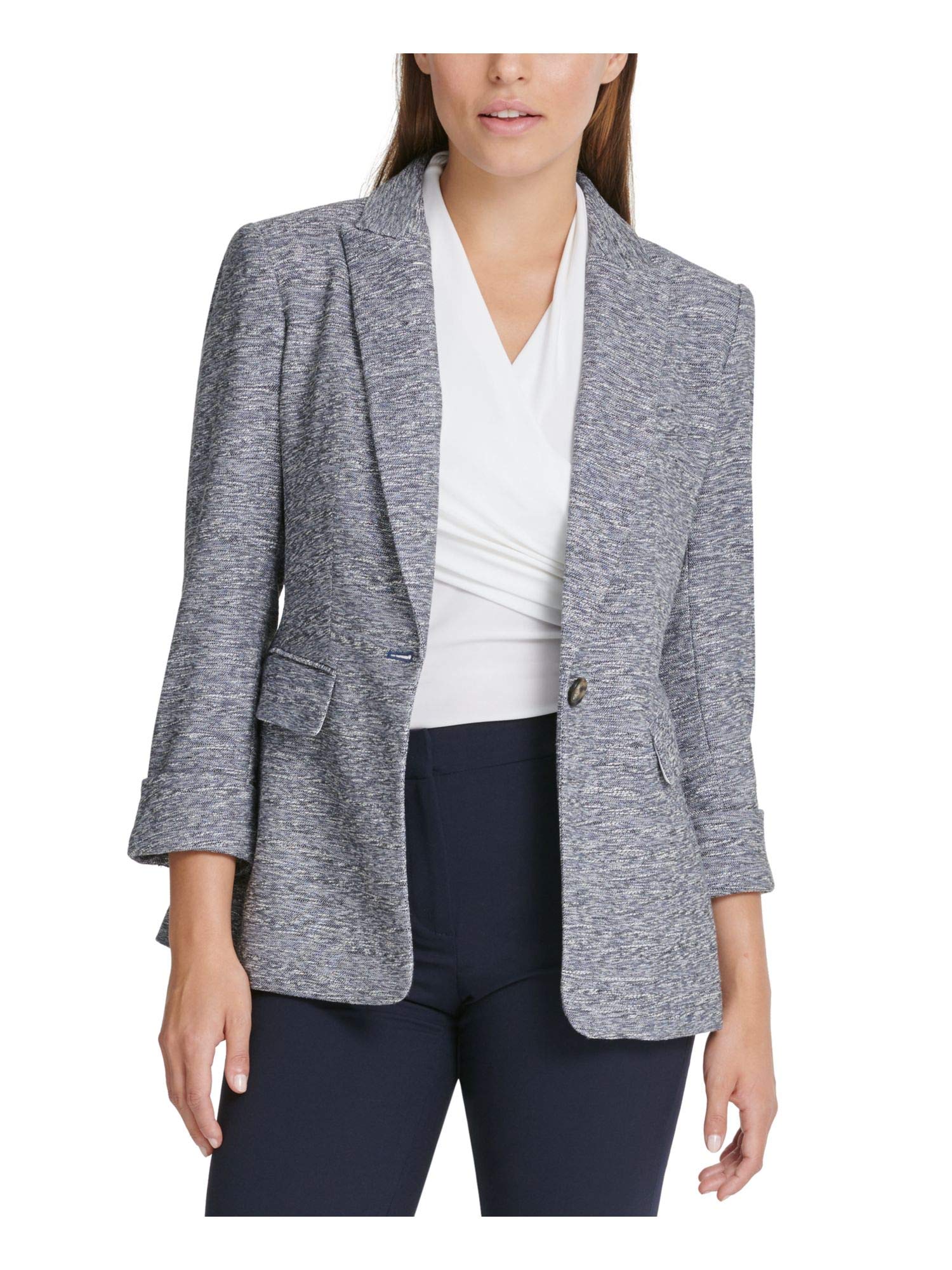 DKNY Womens Petite Marled One-Button Blazer