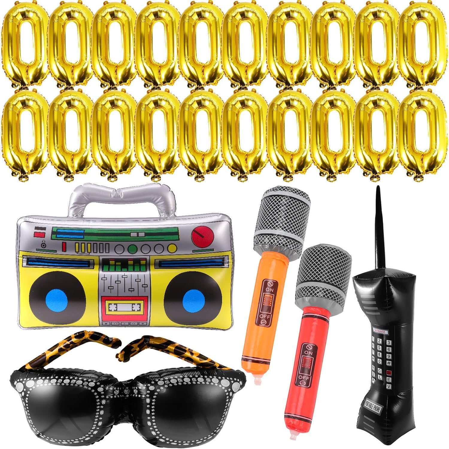 Incisite 25 Pcs 80s 90s Inflatable Party Decorations, Inflatable Boom Box, Microphone, Gold Chain Balloons