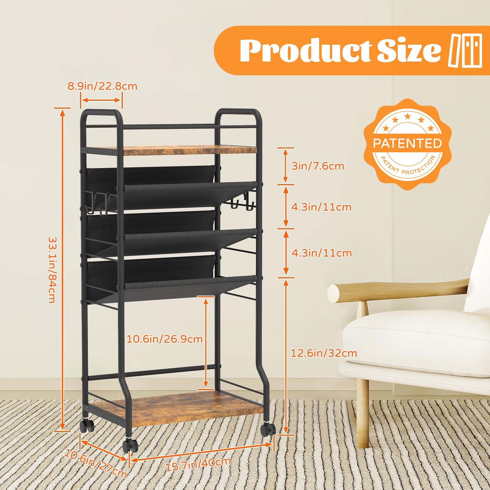 Rollbarer Aktenwagen mit 5 Ebenen, mobiler Bücherwagen mit Rollen, Metall, Holz, bewegliches Bücherregal, Tischregal, Büro, Papieraufbewahrung, Organizer für Zuhause, Schule, Lehrer,