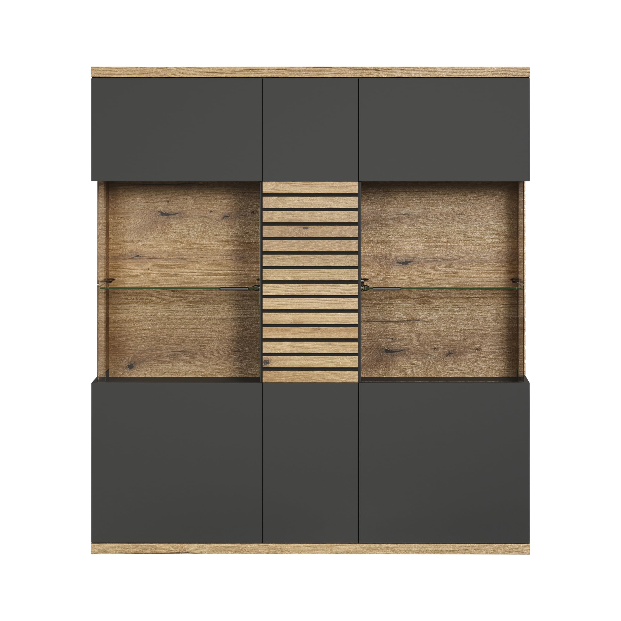 trendteam smart living - Norris - Vitrine - Anthrazit/Evoke Eiche - Highboard mit 15 Fächern - (BxHxT) 131 x 147 x 38 cm - Soft-Close-Türen und Vollauszug-Schubladen - kratzfest