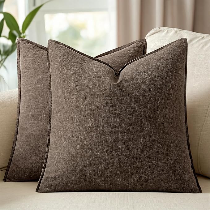Woaboy 20x20 Inch Set of 2 Decorative Linen Solid Throw Pillow Covers Boho Accent Farmhouse Couch Pillowcases Modern Netural Home Decor for Couch Sofa Living Room Bed,Dark Coffee