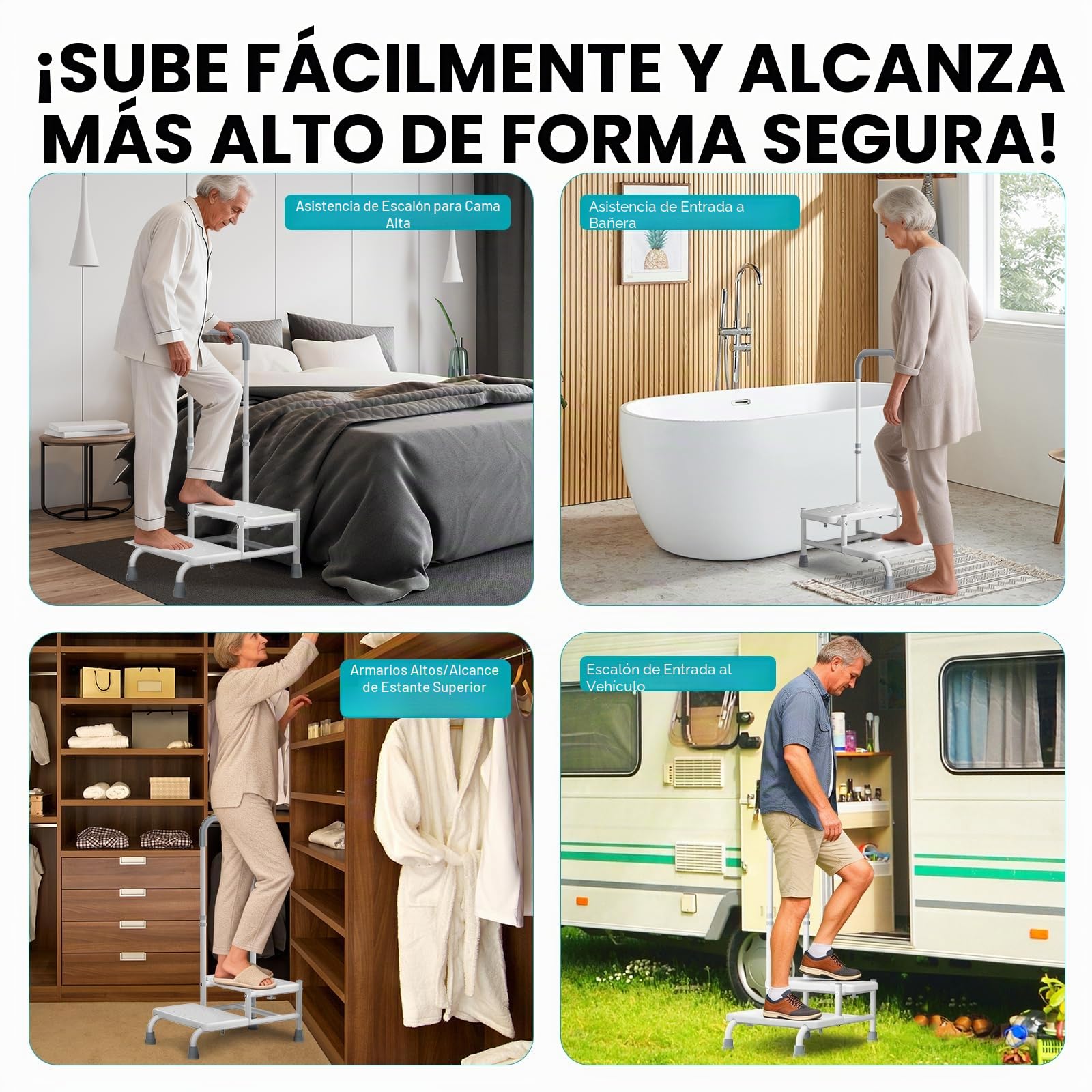 FORTEMOTUS Ayuda de Acceso Ducha del Baño - Ayuda de Entrada con Asa para Bañera Personas Mayores y Discapacitadas y 2 Escalones Ideal para Bañera, Cama y Coche, Blanco