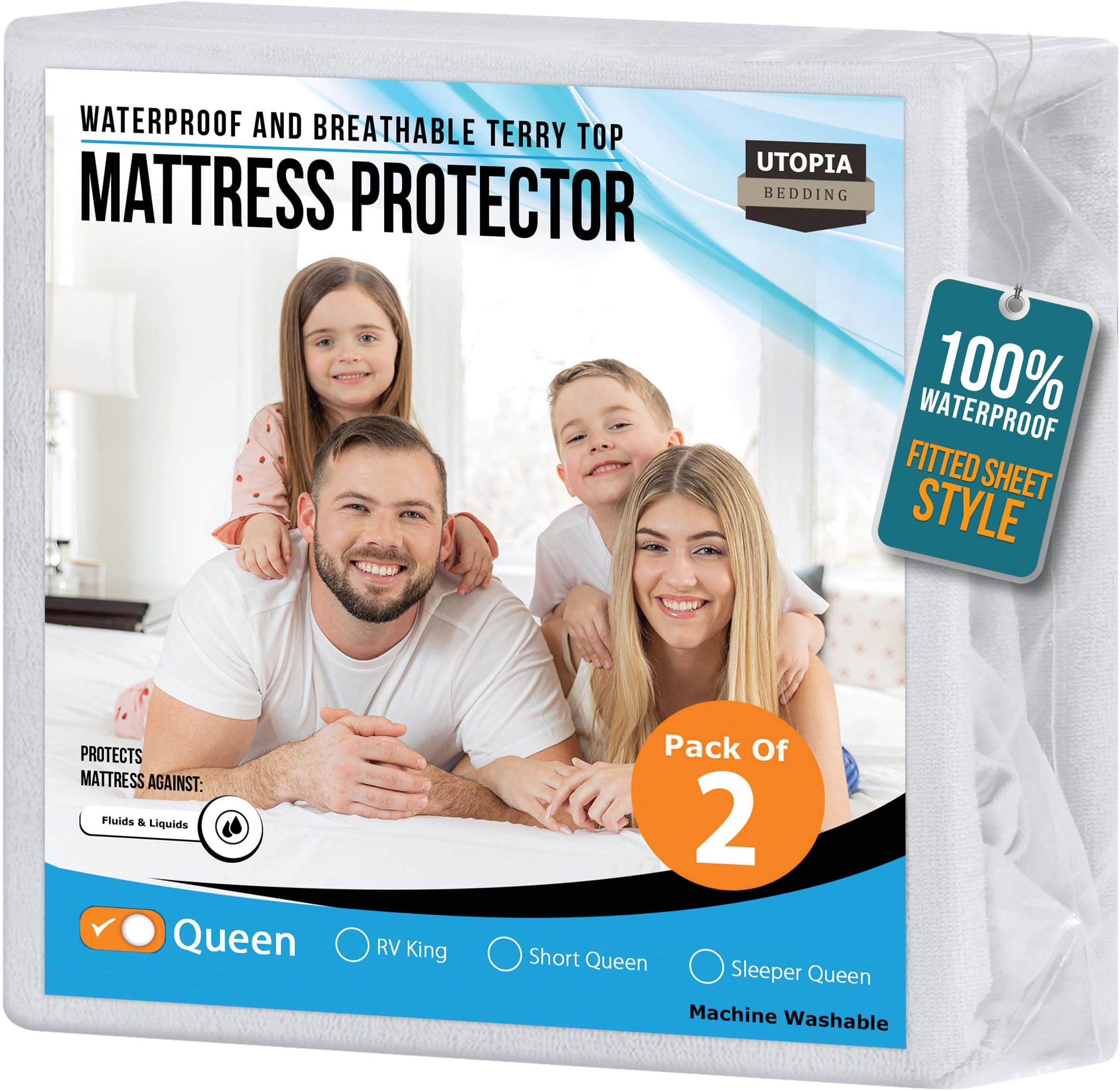Utopia Bedding Waterproof Mattress Protector Queen Size 2 Pack 200gsm Breathable Terry Mattress Cover Fitted Style with Stretchy Pockets (White)