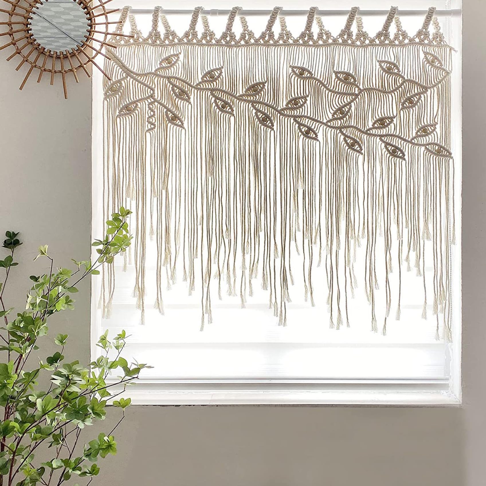 Tenda per porta Boho, Tende Boho Modello a foglie Tende in macramè con perline 43x31, 5 pollici Tenda decorativa da appendere in cotone bohémien per porte e finestre, arredamento bohémien