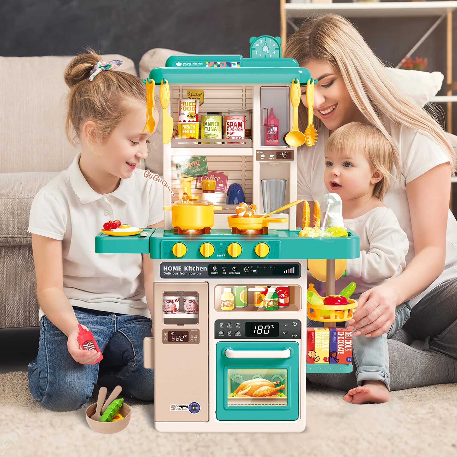 deAO Cocina Juguete Niños, Cocinas Infantiles Incluye 50 Accesorios, Grifo con Bomba de Agua, Luces, Sonoras y Vapor, Educativos Juego de Cocina para Niños, Regalos de Cumpleaños, Navidad +3 Años