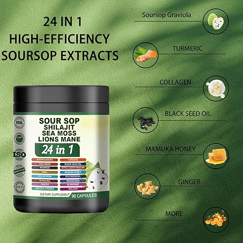 Miniatura 5 de Suplemento de guanábana 24 en 1  Cápsulas de graviola con shilajit, musgo marino, melena de león, cúrcuma, ashwagandha, jengibre y miel de manuka y