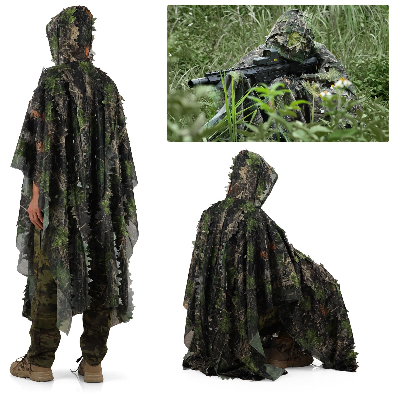 PELLOR 3D-Blätter Ghillie Suit Tarnanzug Ghillie Umhang Schnelltrocknend, Tarnkleidung für Jagd Camping Outdoor Militär Jagd Verdeckt CS Tierfotografie Festschmuck