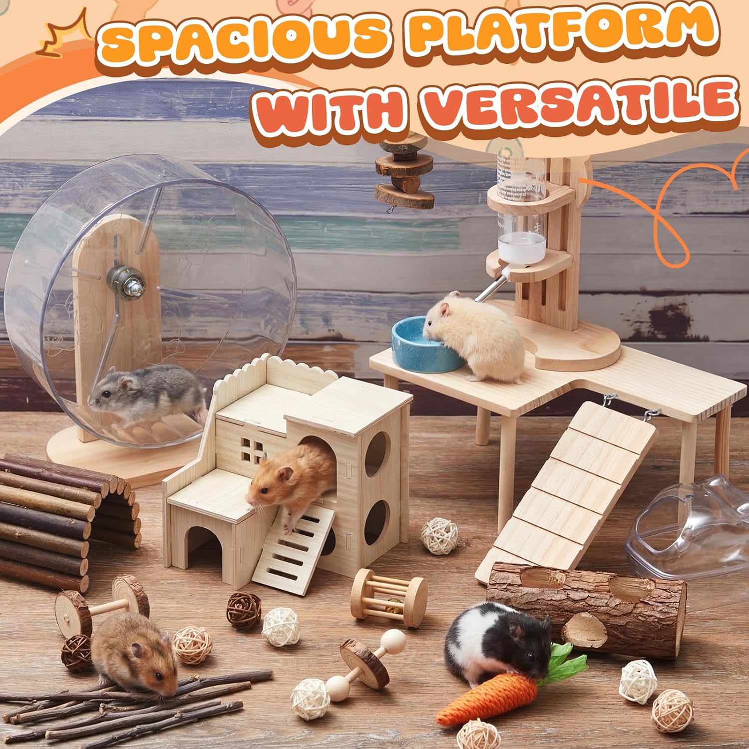 40 Pcs Hamster Cage Accessories, 9.5'' Exercise Wheel, Wood Platform Hideout House, Water Bottle, Sand Bath, Bowl, Chew Toys for Syrian Hamsters Mice Gerbils Habitat Decor(Active Style)